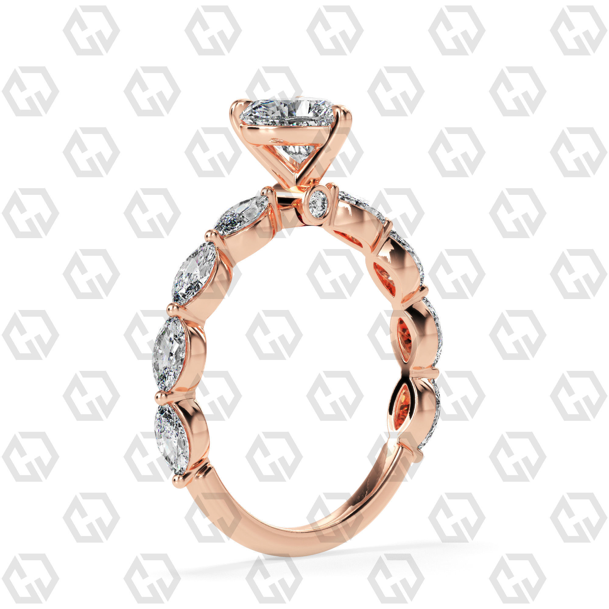 Ring 174 Heart Shape marquise on shanks with Gems 3D print model_1