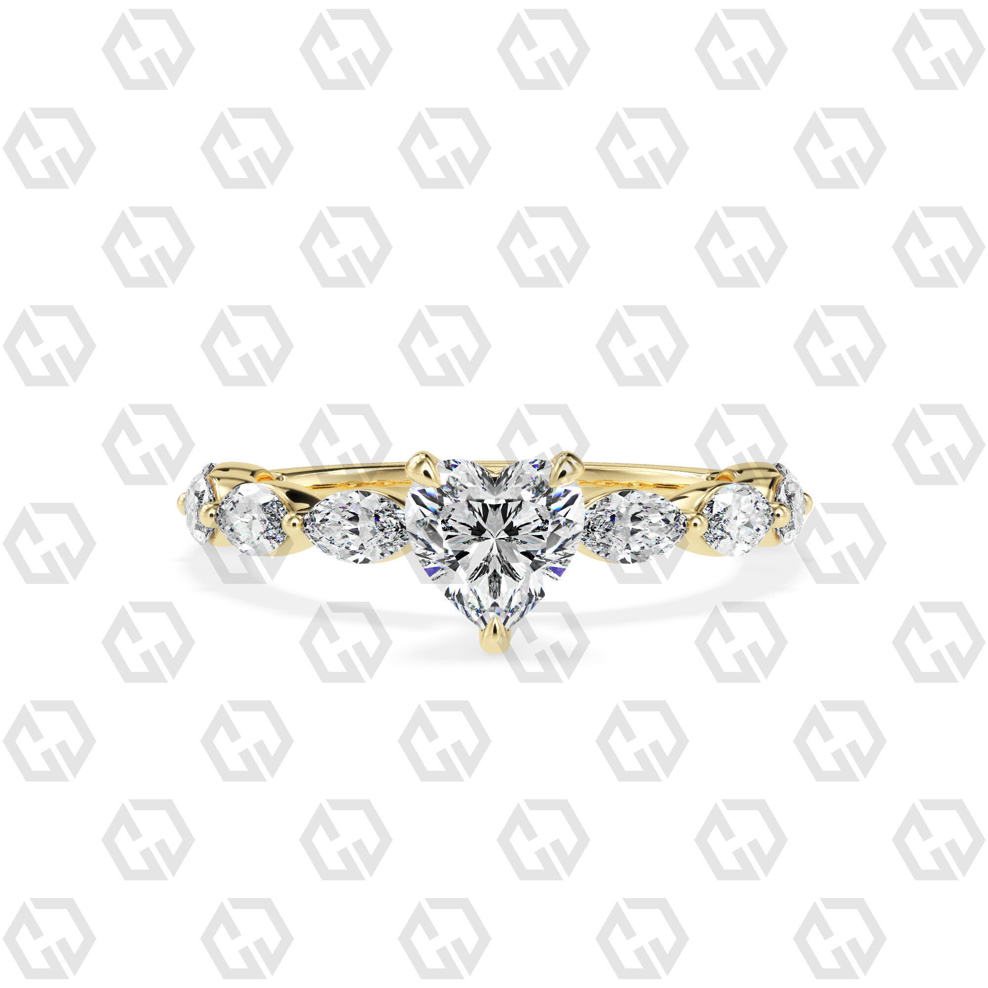 Ring 174 Heart Shape marquise on shanks with Gems 3D print model_13