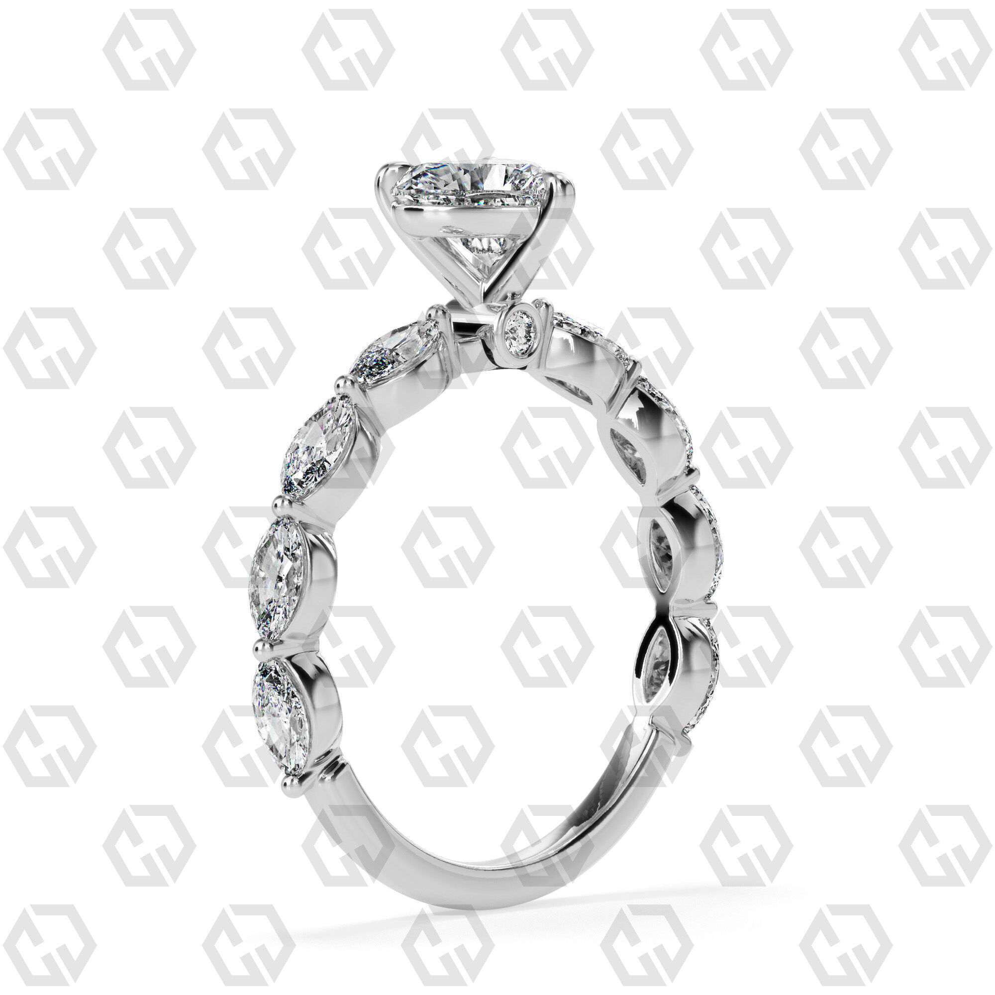 Ring 174 Heart Shape marquise on shanks with Gems 3D print model_6