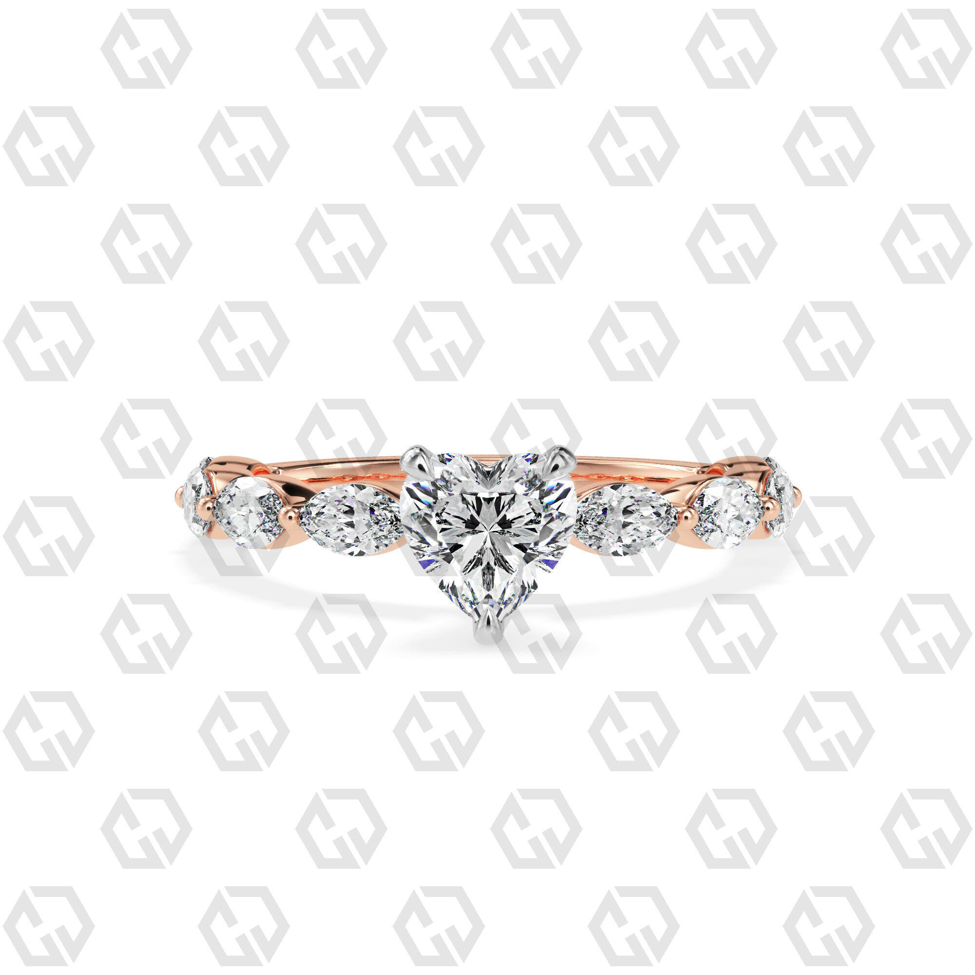 Ring 174 Heart Shape marquise on shanks with Gems 3D print model_5