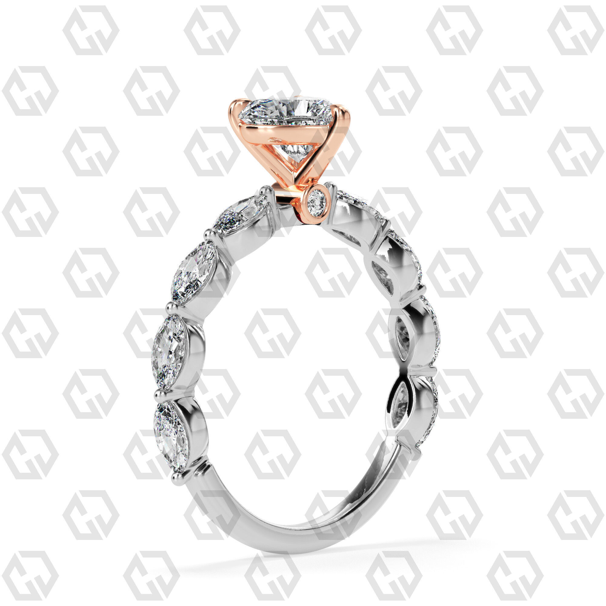 Ring 174 Heart Shape marquise on shanks with Gems 3D print model_2