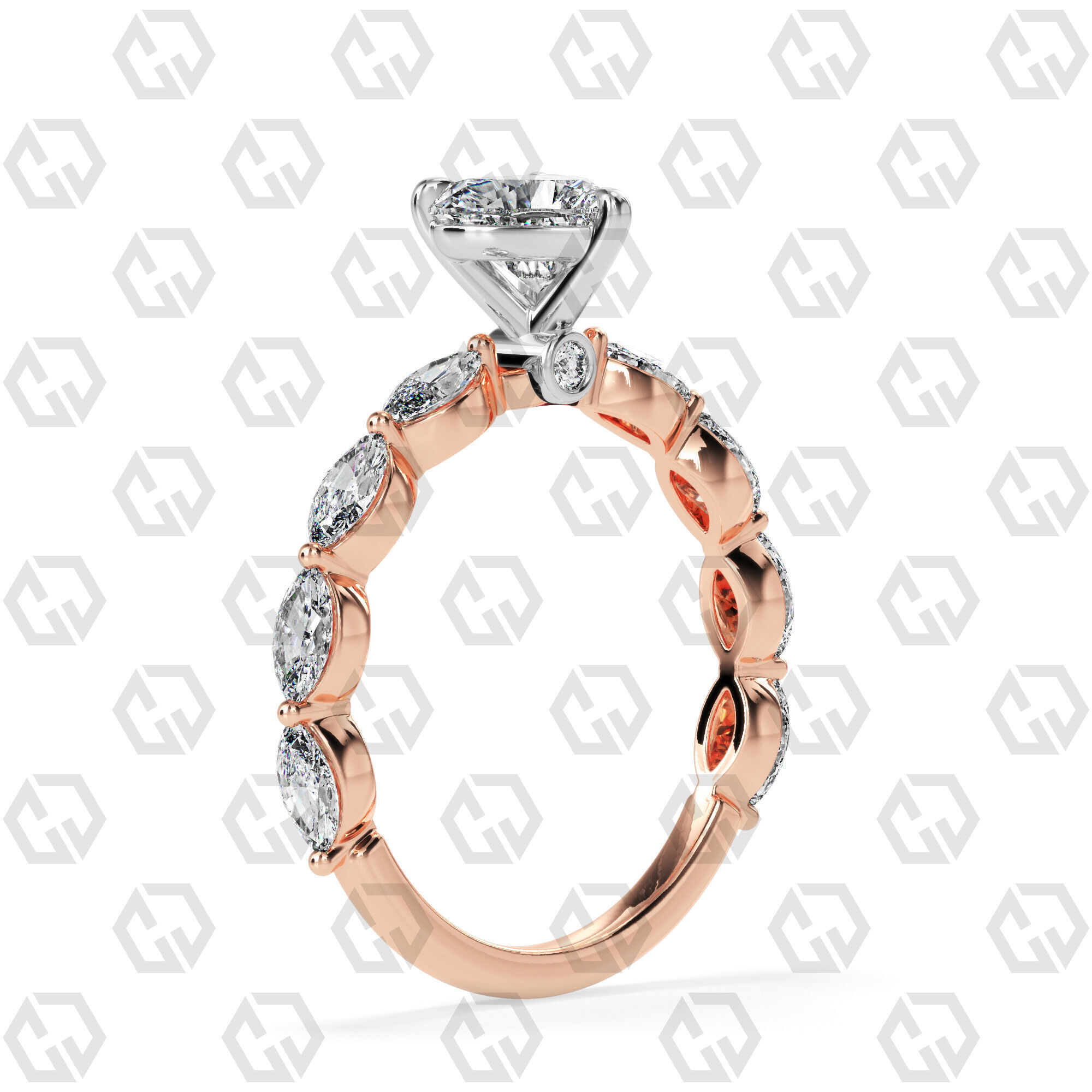 Ring 174 Heart Shape marquise on shanks with Gems 3D print model_4