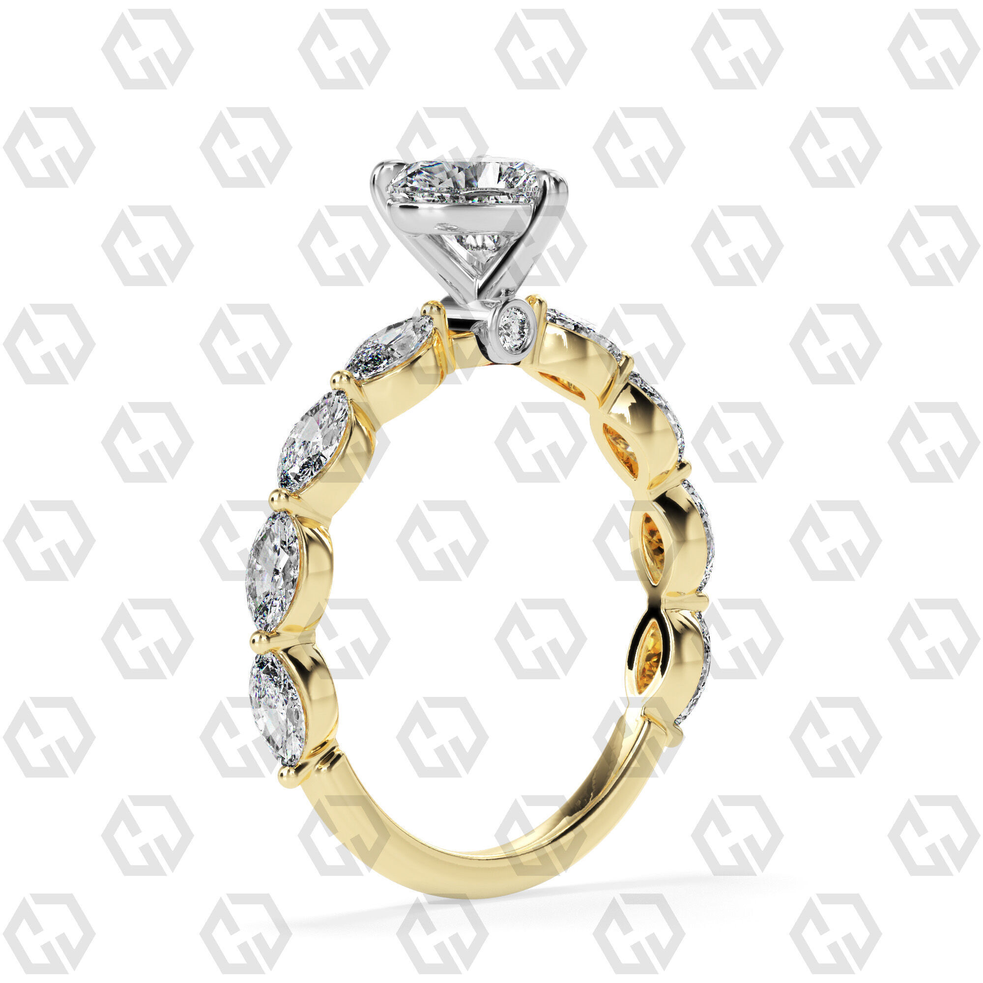 Ring 174 Heart Shape marquise on shanks with Gems 3D print model_8