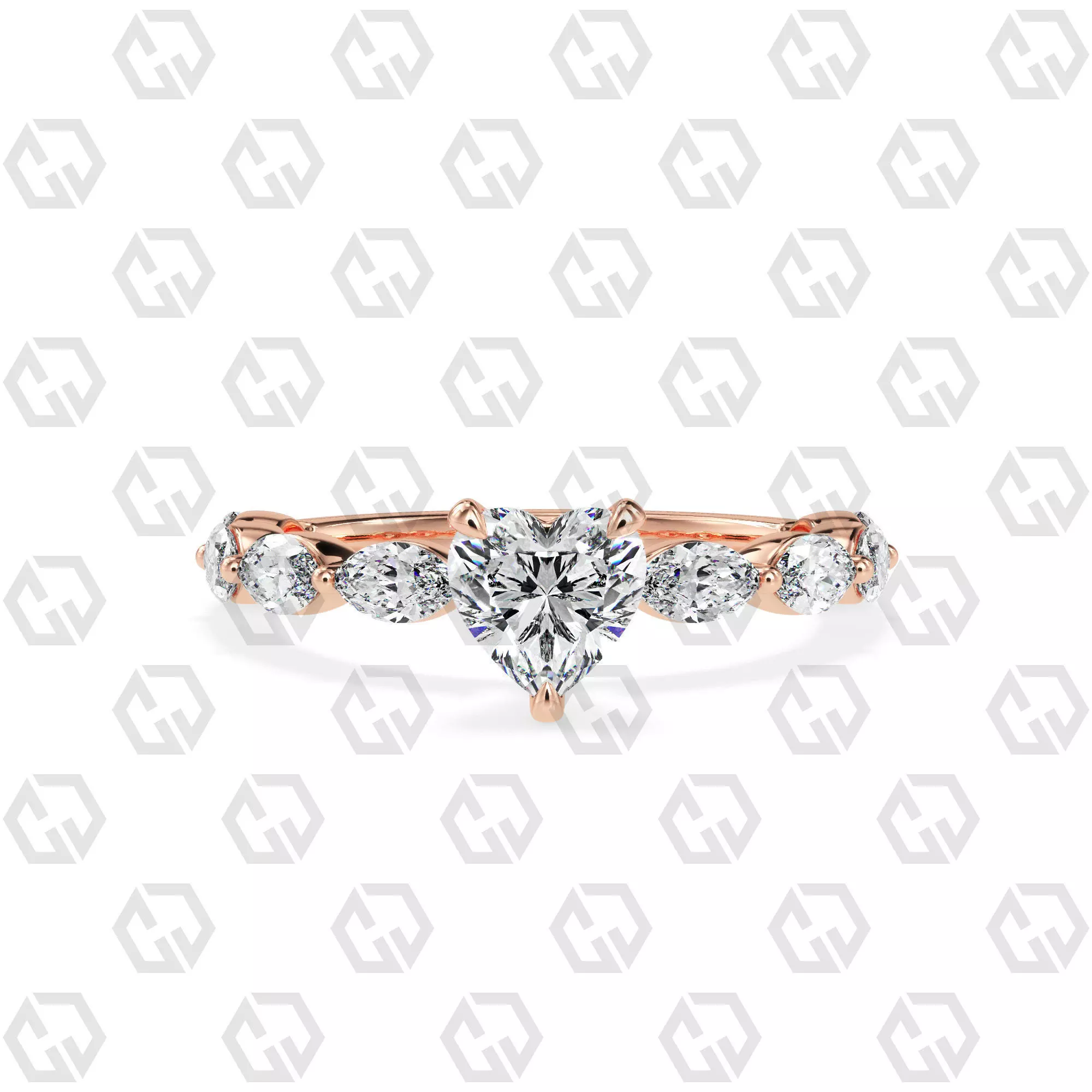 Ring 174 Heart Shape marquise on shanks with Gems 3D print model_0