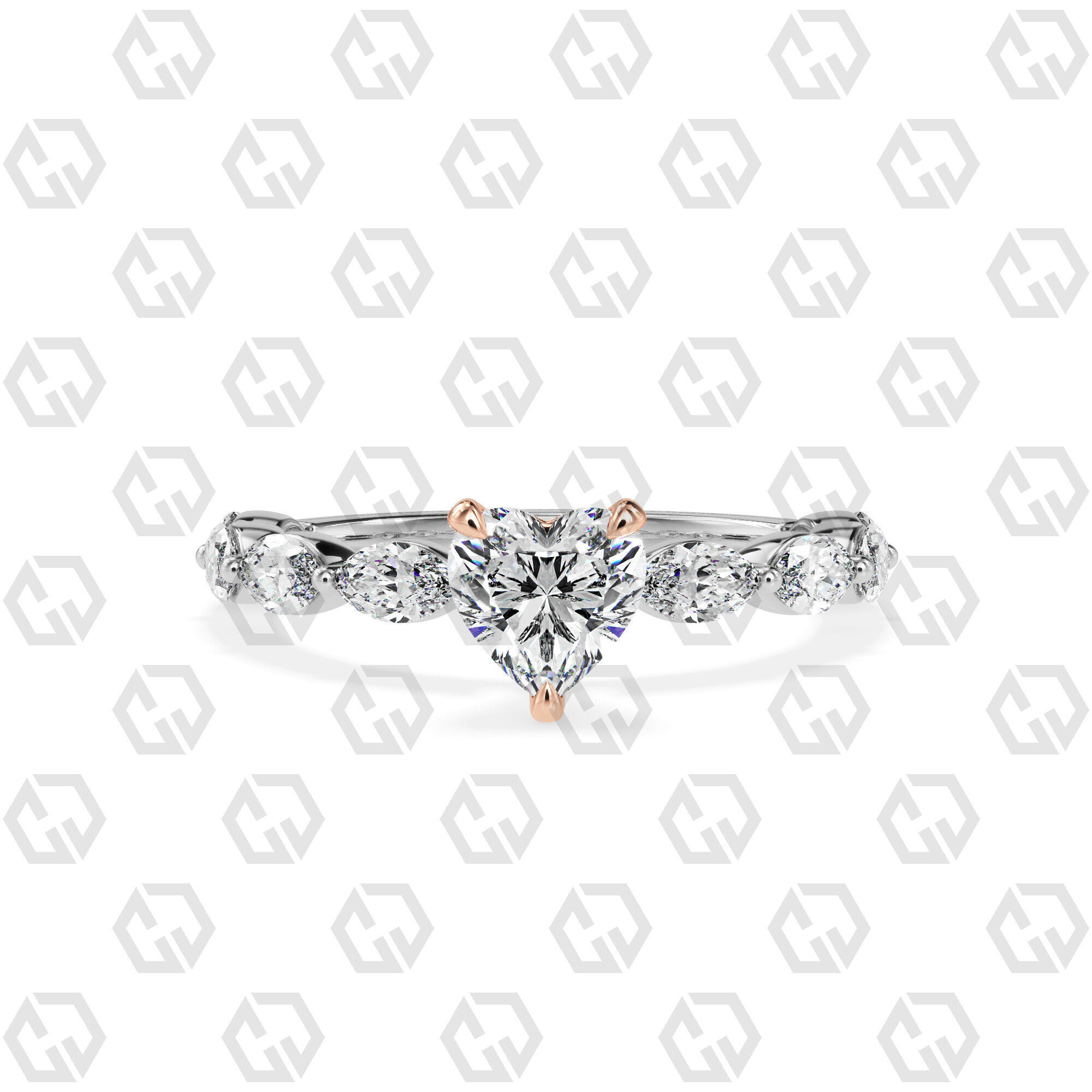 Ring 174 Heart Shape marquise on shanks with Gems 3D print model_3