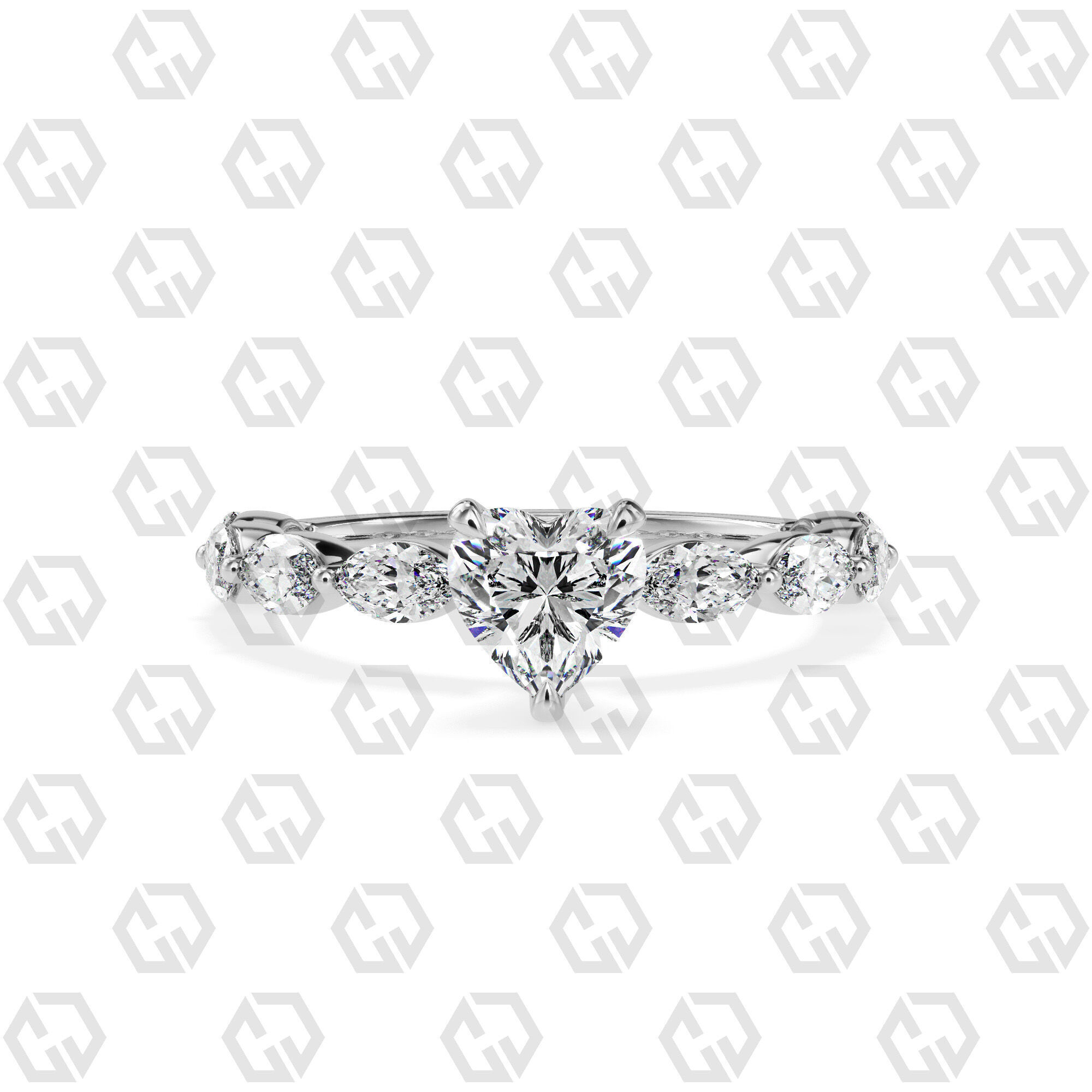 Ring 174 Heart Shape marquise on shanks with Gems 3D print model_7