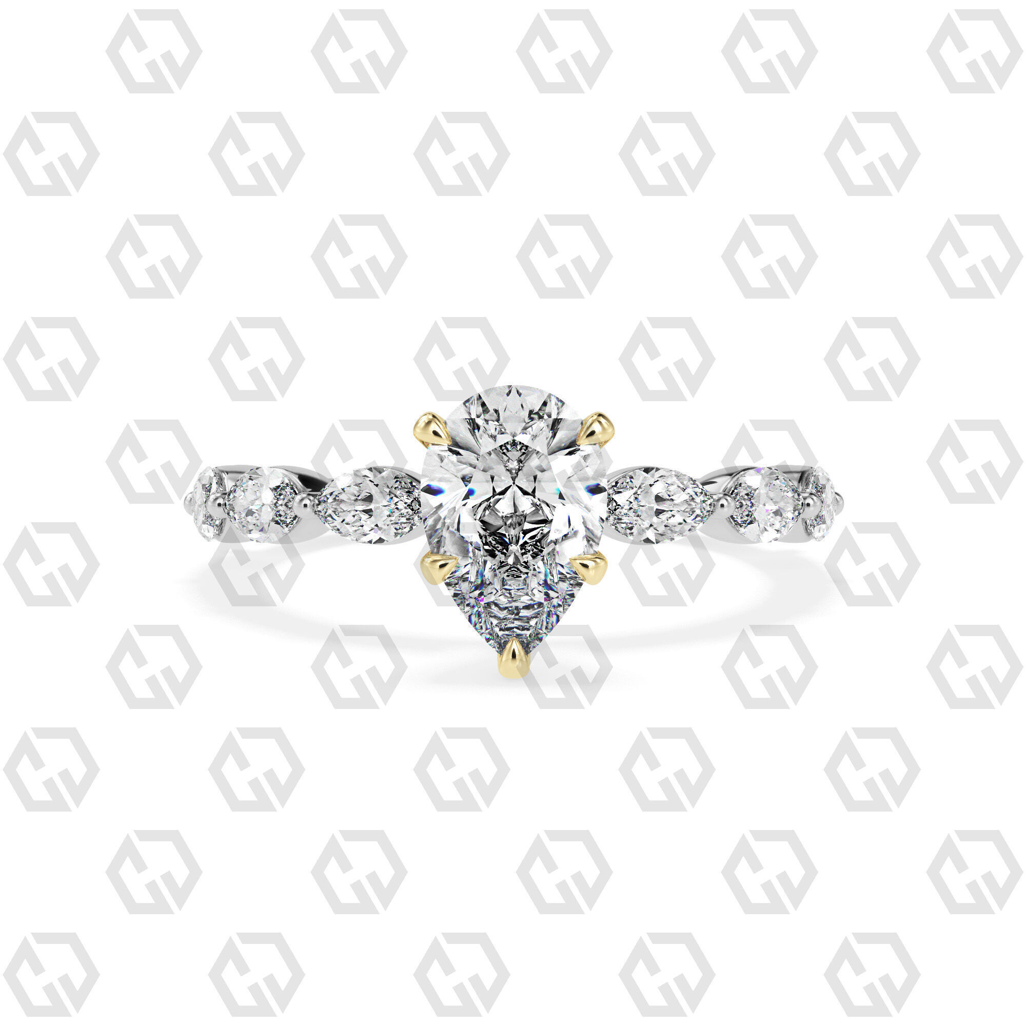 Ring 177 Pear Shape marquise on shanks with Gems 3D print model_11