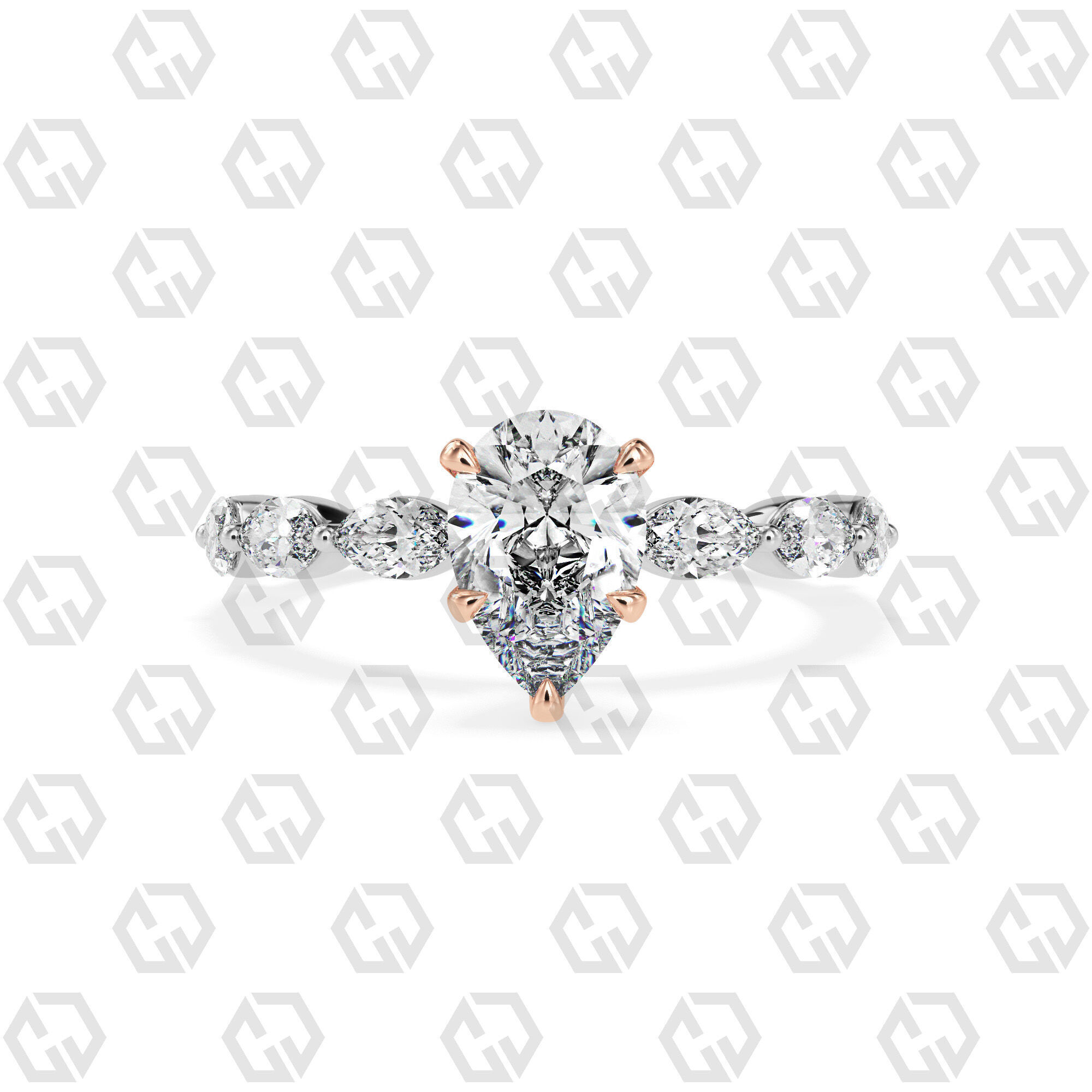 Ring 177 Pear Shape marquise on shanks with Gems 3D print model_3