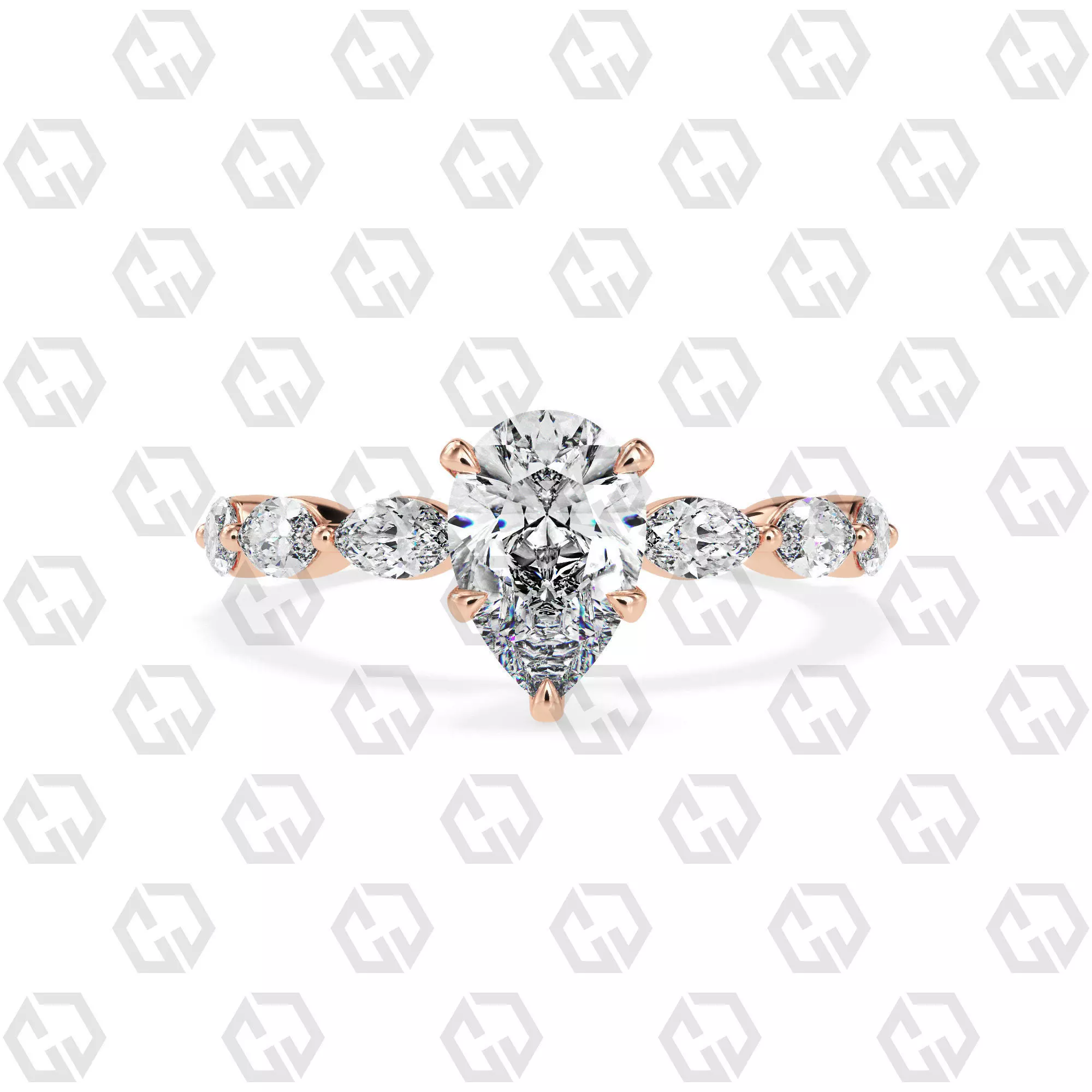 Ring 177 Pear Shape marquise on shanks with Gems 3D print model_0