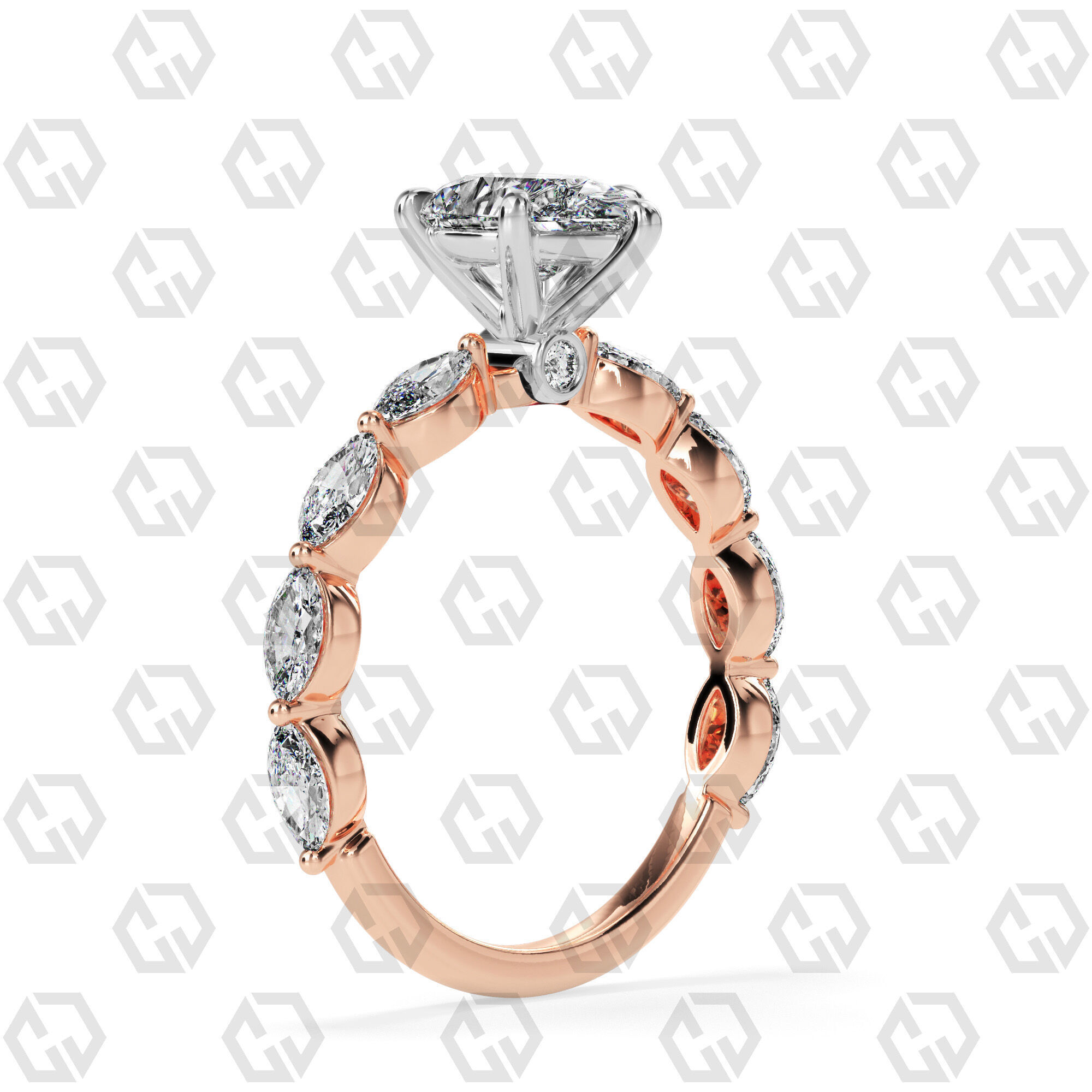 Ring 177 Pear Shape marquise on shanks with Gems 3D print model_4