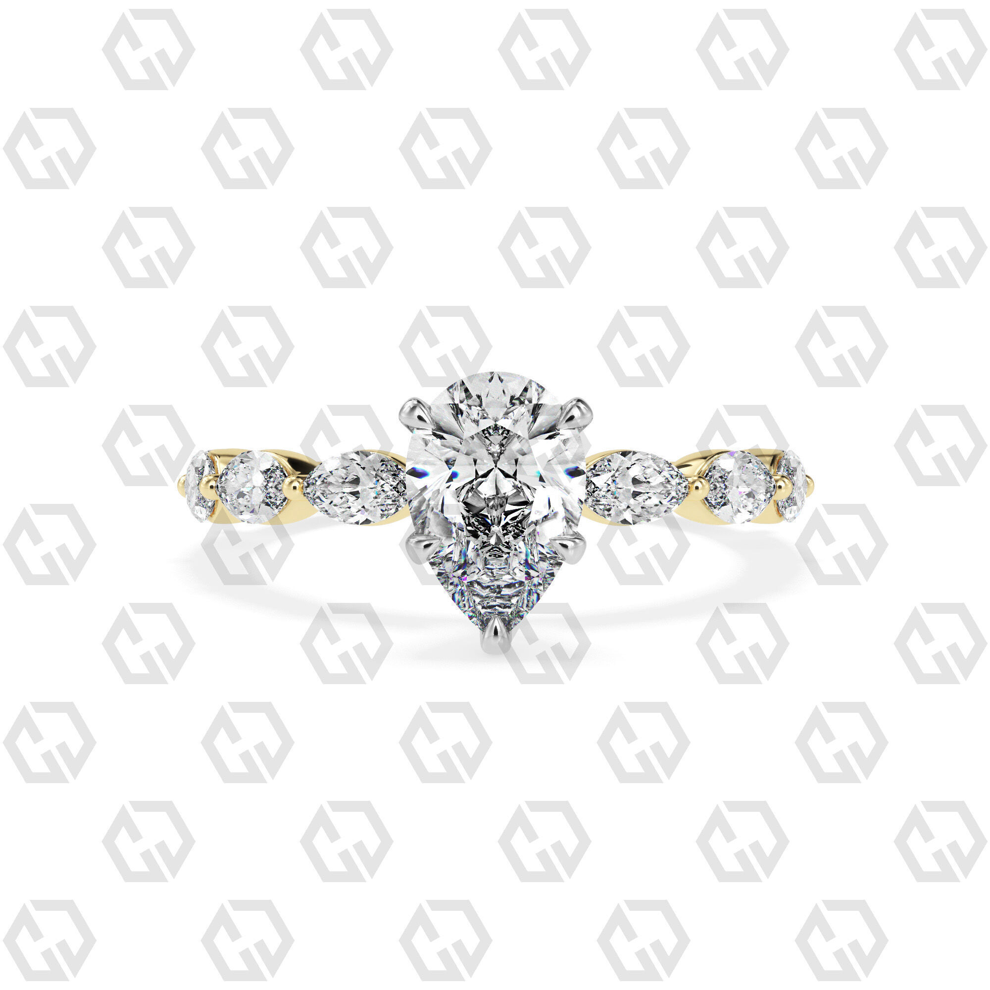 Ring 177 Pear Shape marquise on shanks with Gems 3D print model_9