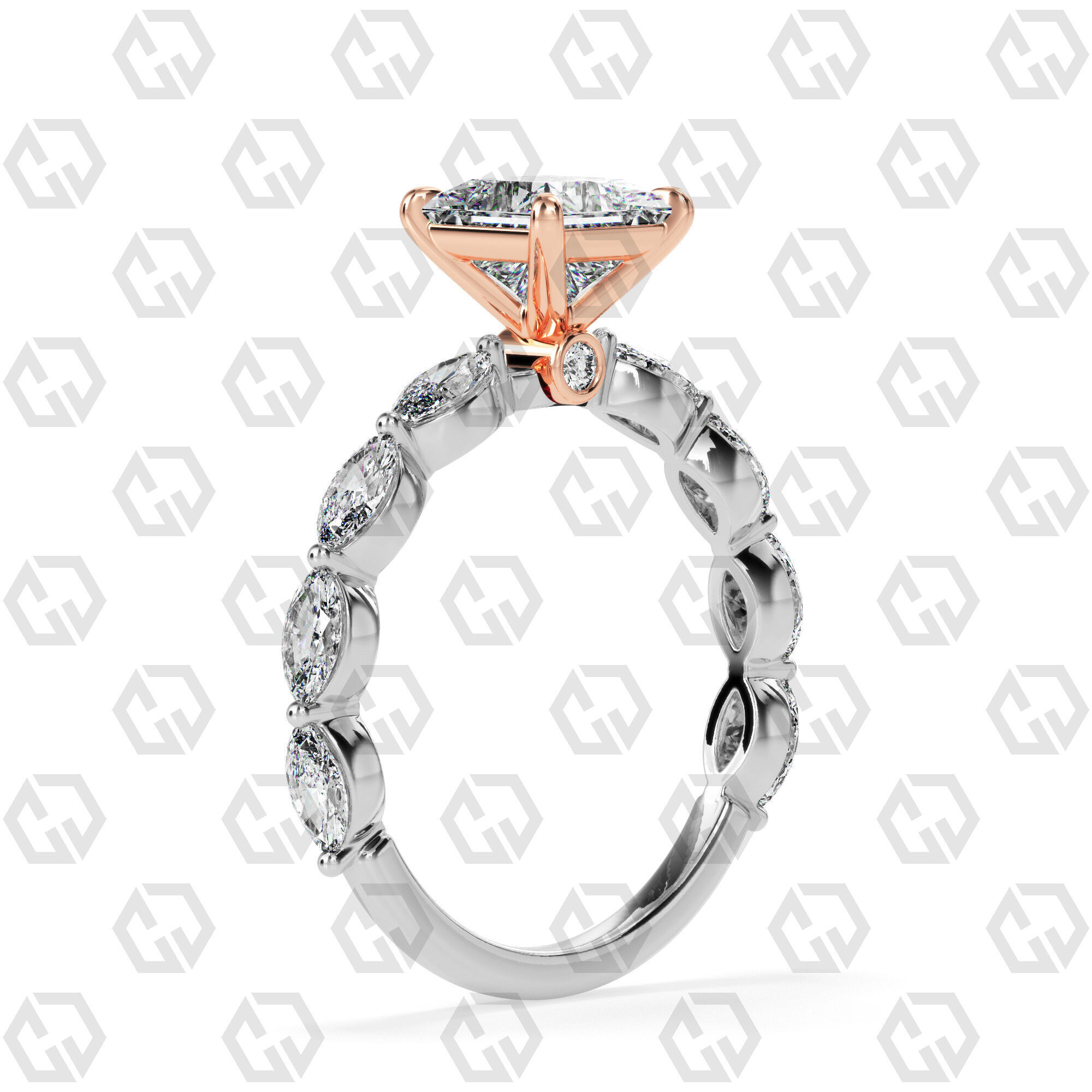 Ring 178 Princess Shape marquise on shanks with Gems 3D print model_2