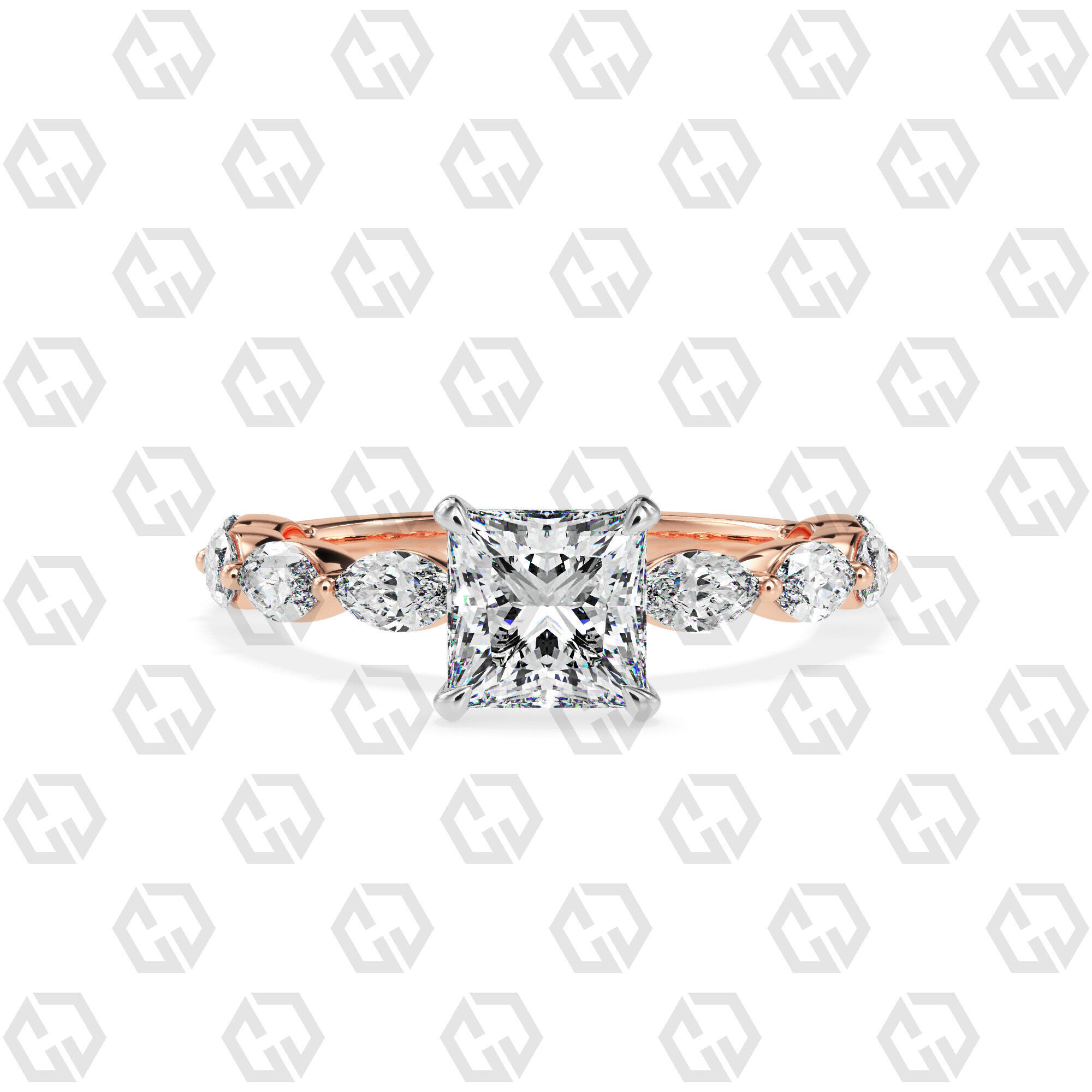 Ring 178 Princess Shape marquise on shanks with Gems 3D print model_5