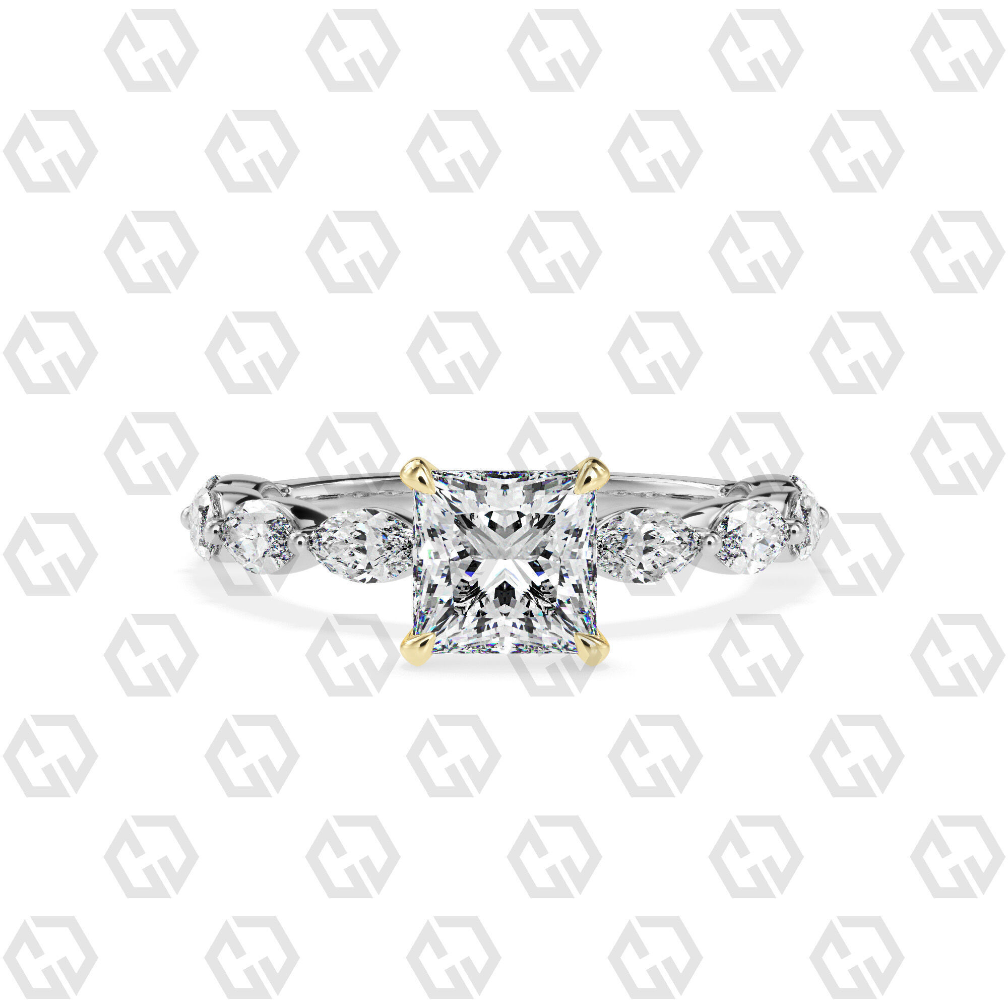 Ring 178 Princess Shape marquise on shanks with Gems 3D print model_11