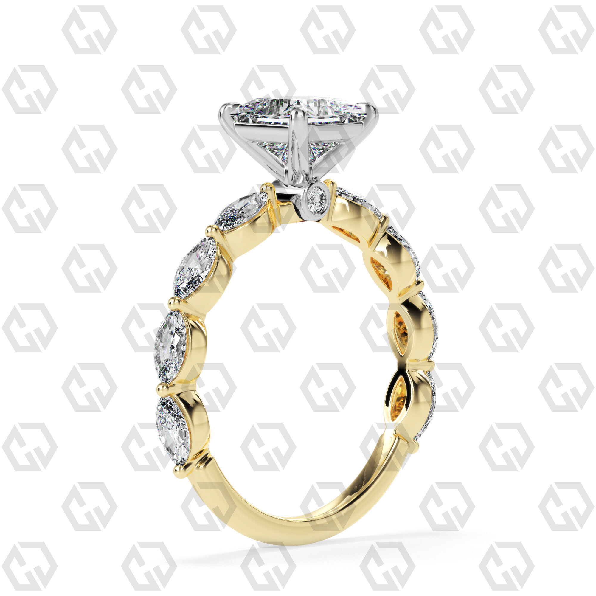 Ring 178 Princess Shape marquise on shanks with Gems 3D print model_8