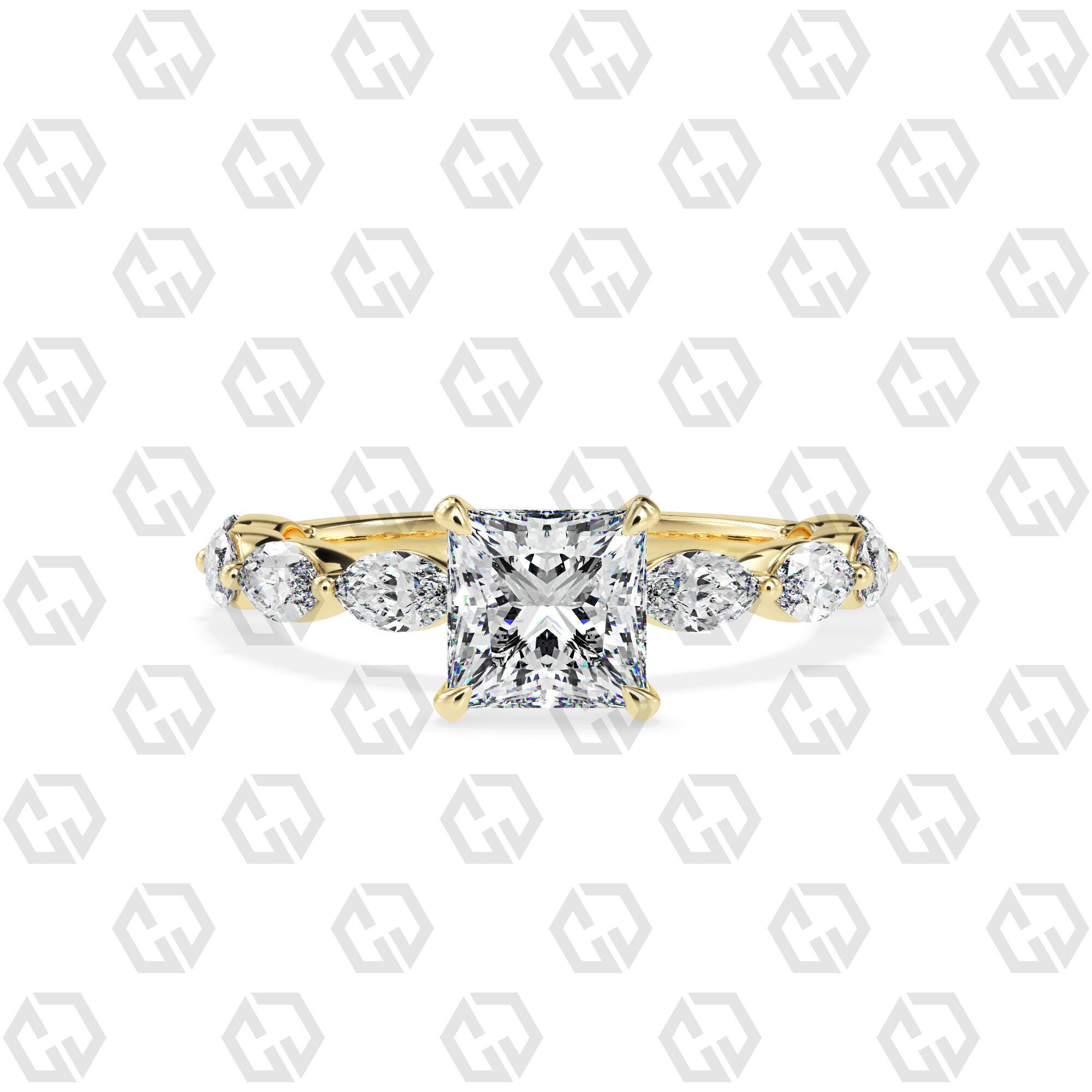 Ring 178 Princess Shape marquise on shanks with Gems 3D print model_13