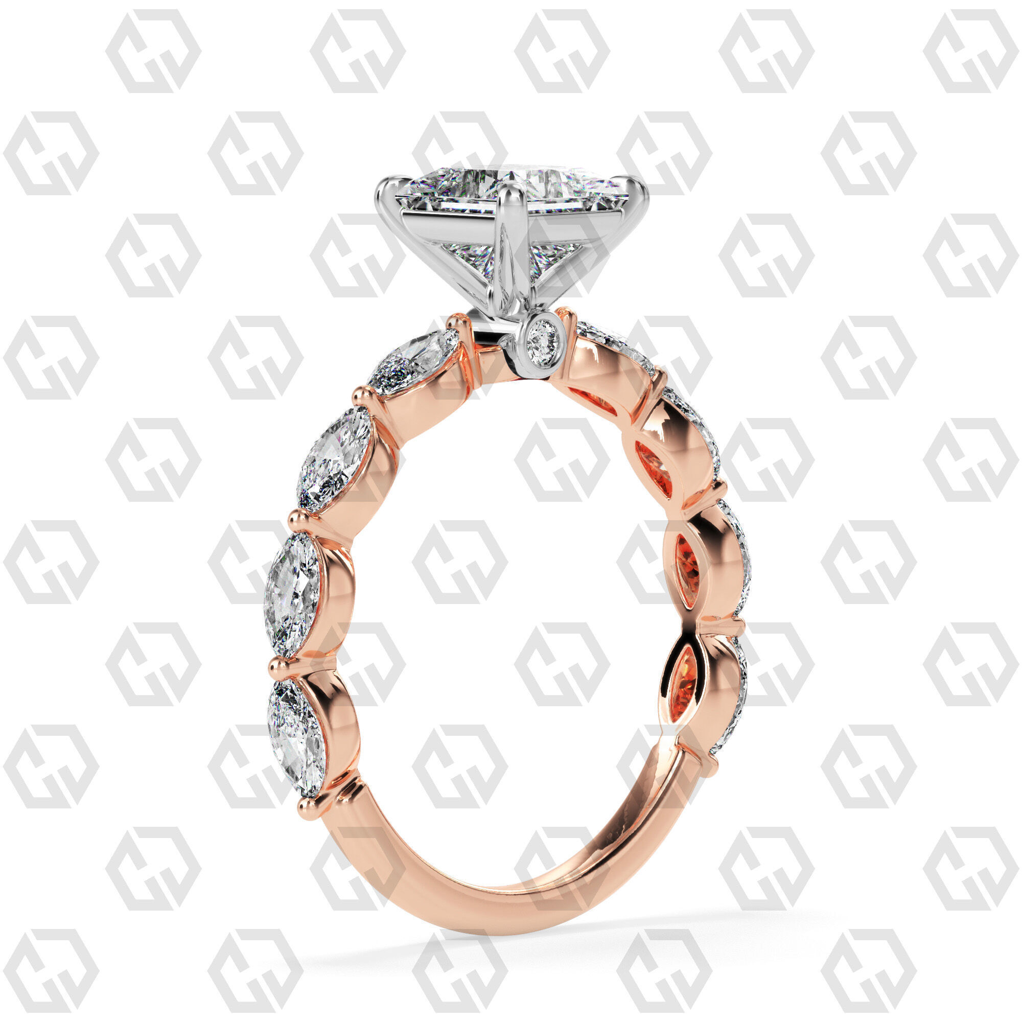 Ring 178 Princess Shape marquise on shanks with Gems 3D print model_4