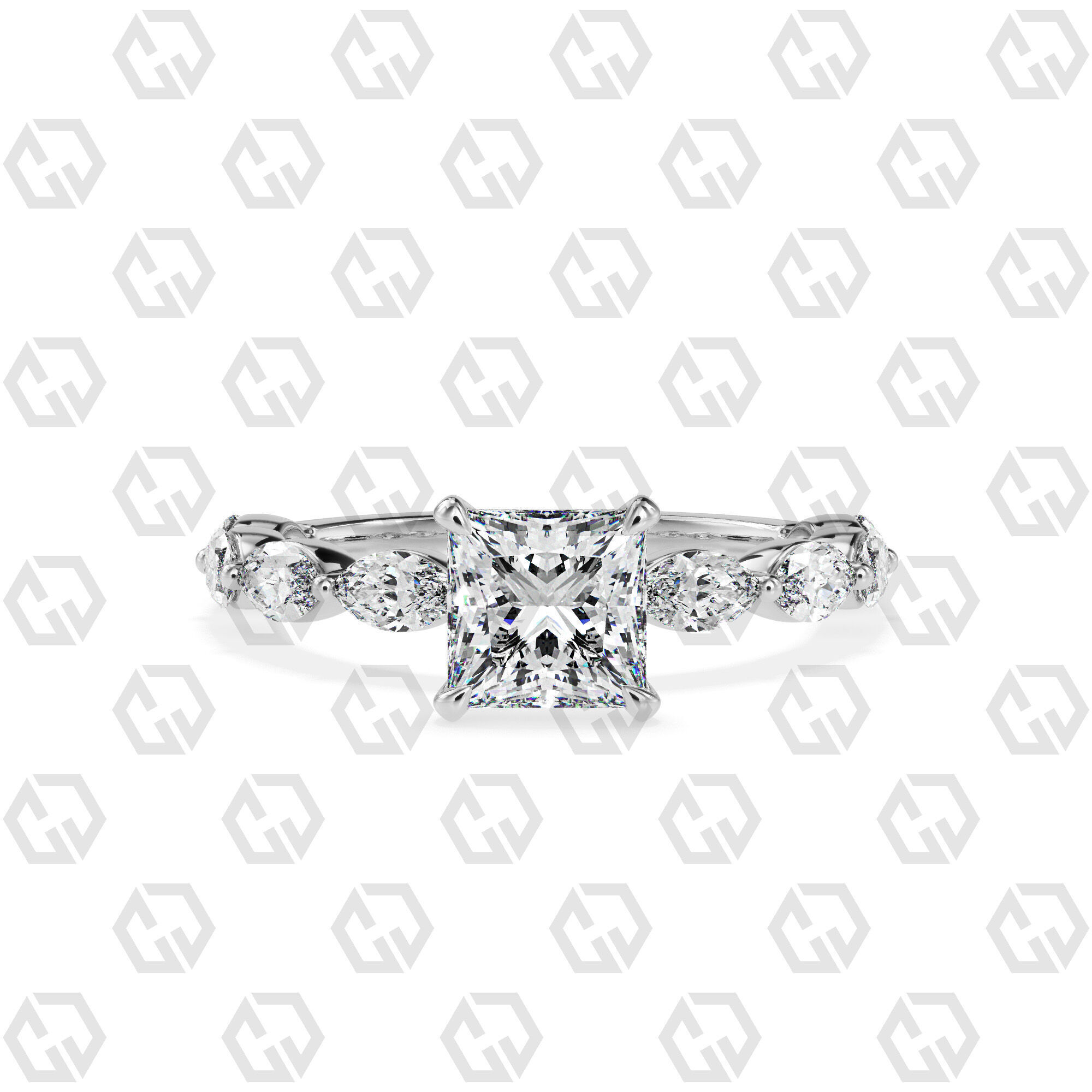 Ring 178 Princess Shape marquise on shanks with Gems 3D print model_7