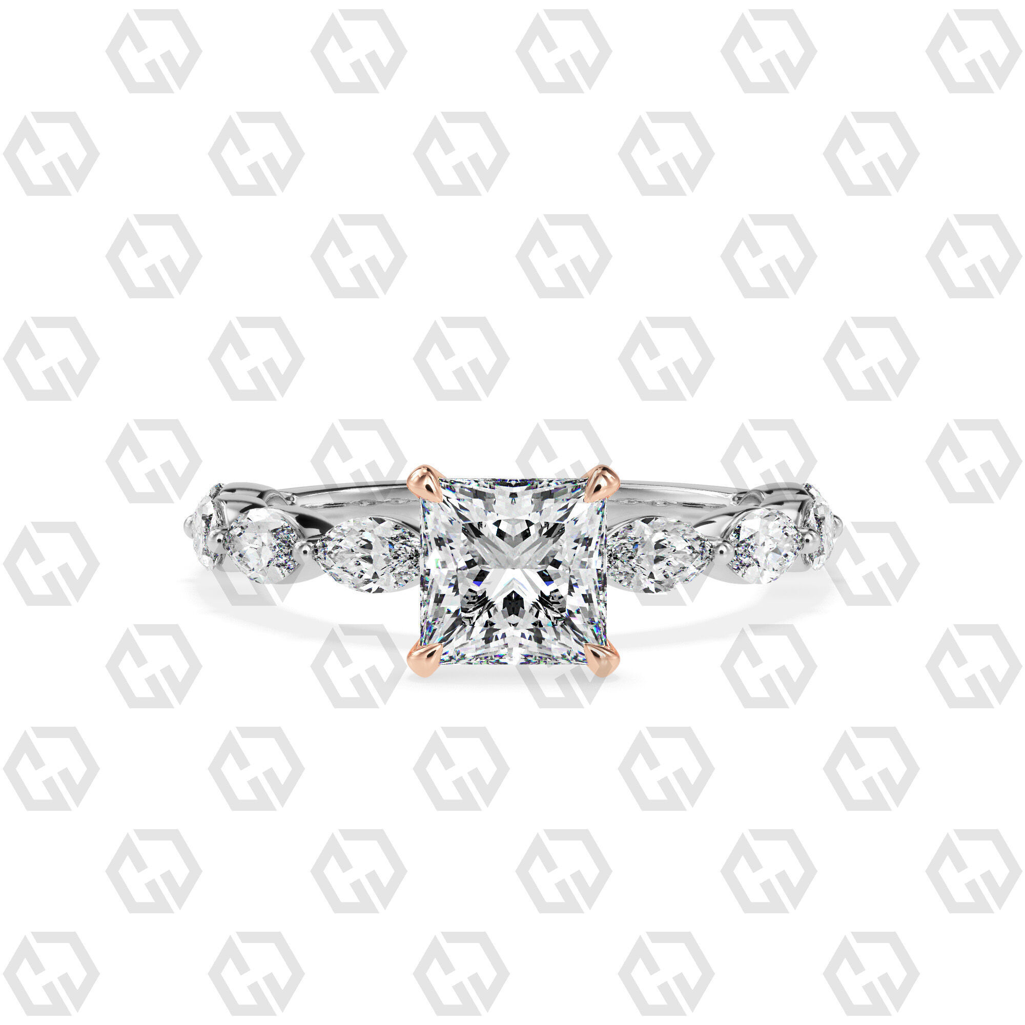 Ring 178 Princess Shape marquise on shanks with Gems 3D print model_3