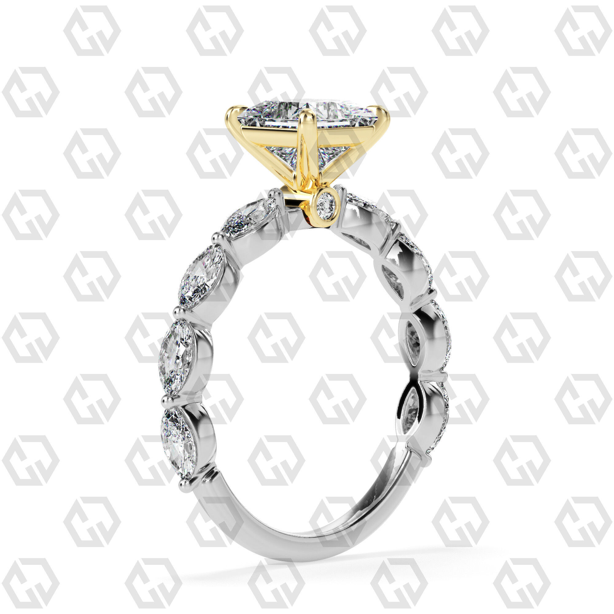 Ring 178 Princess Shape marquise on shanks with Gems 3D print model_10