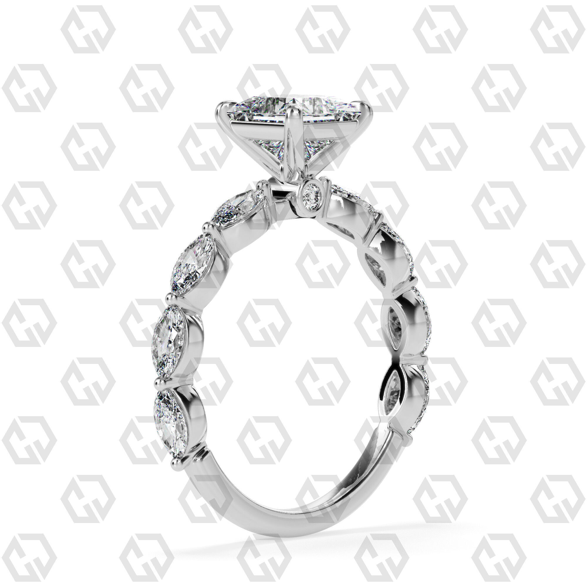 Ring 178 Princess Shape marquise on shanks with Gems 3D print model_6