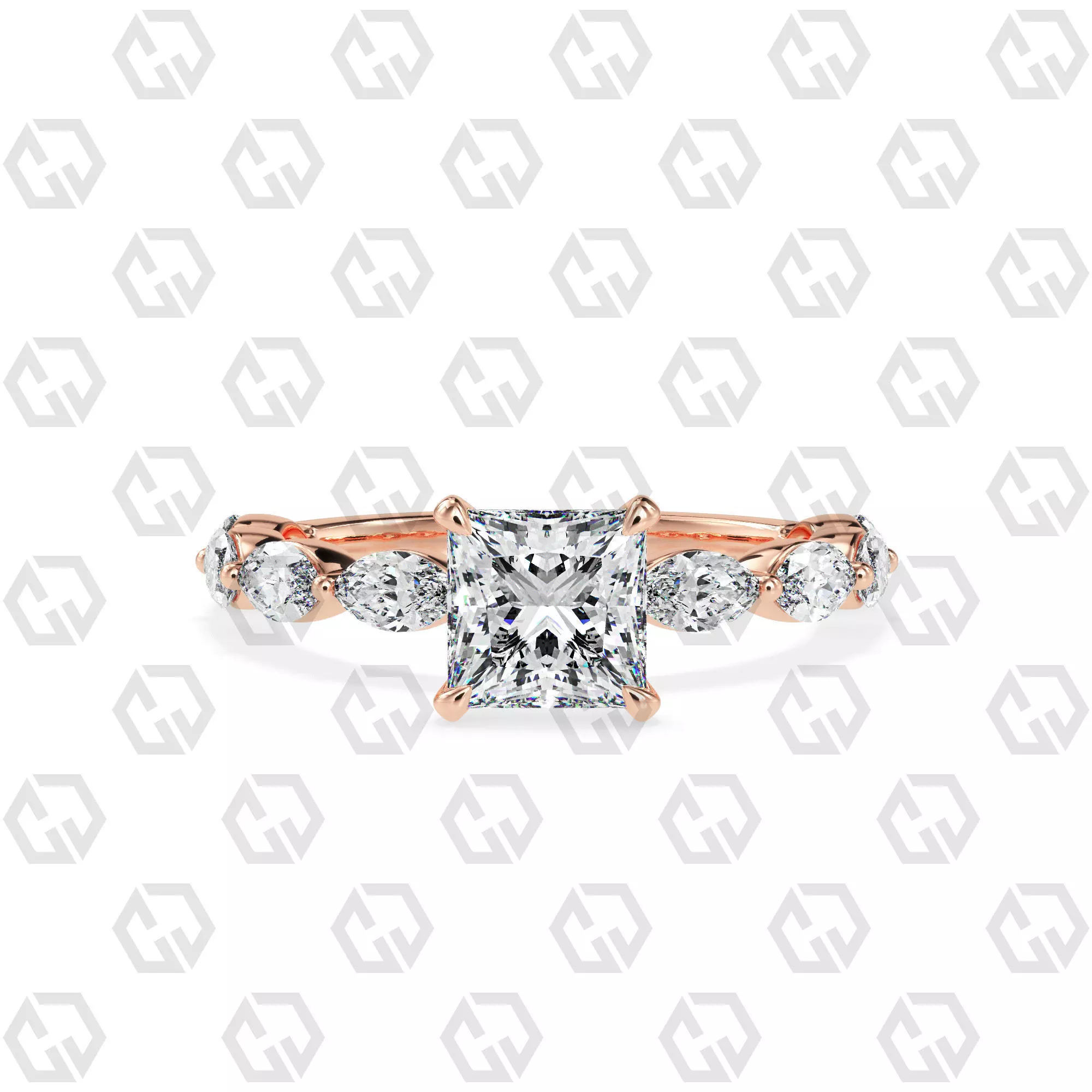 Ring 178 Princess Shape marquise on shanks with Gems 3D print model_0