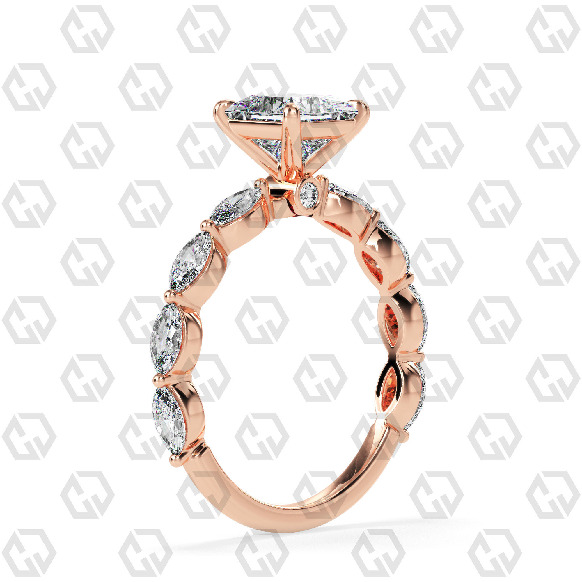 Ring 178 Princess Shape marquise on shanks with Gems 3D print model_1