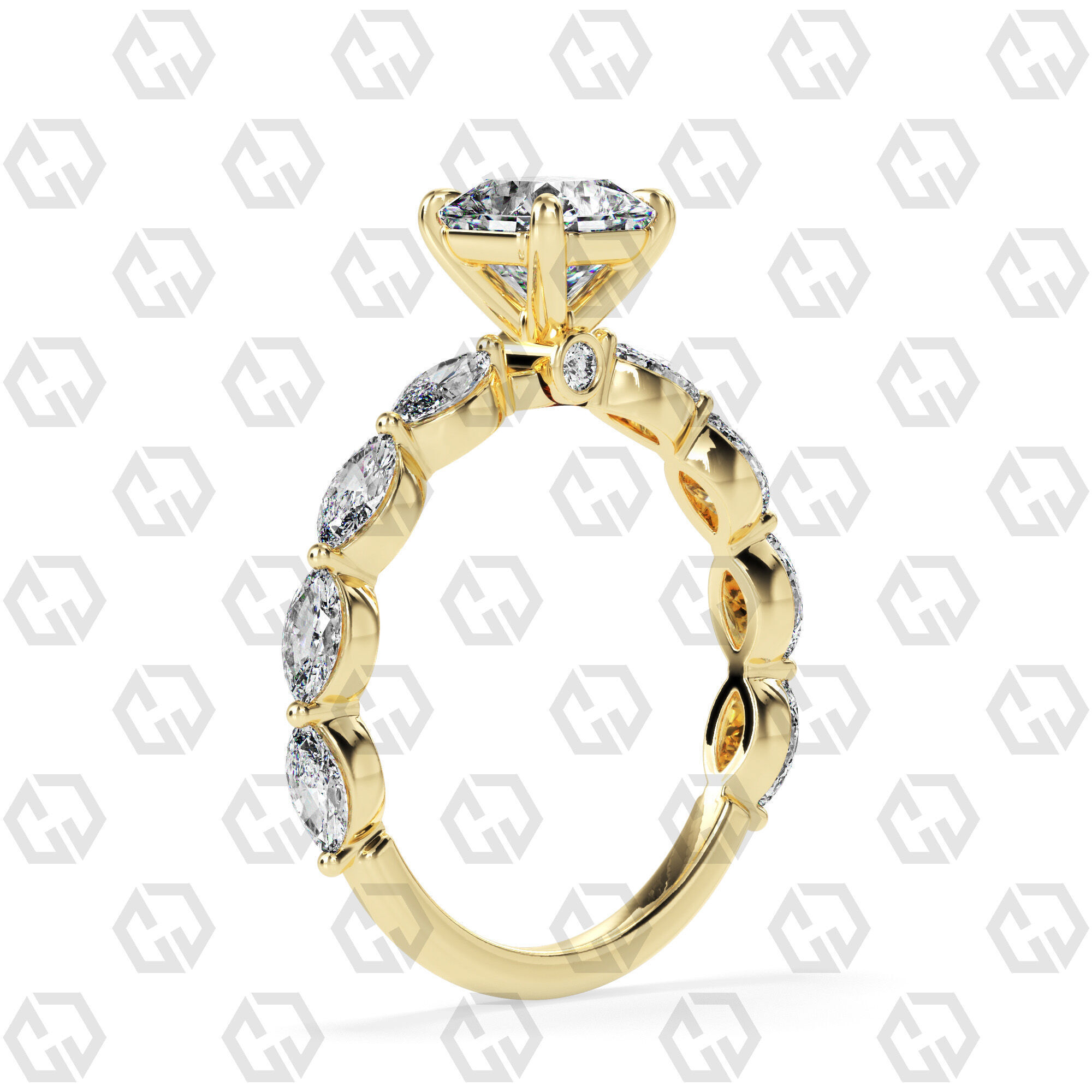 Ring 180 Radiant Shape marquise on shanks with Gems 3D print model_12