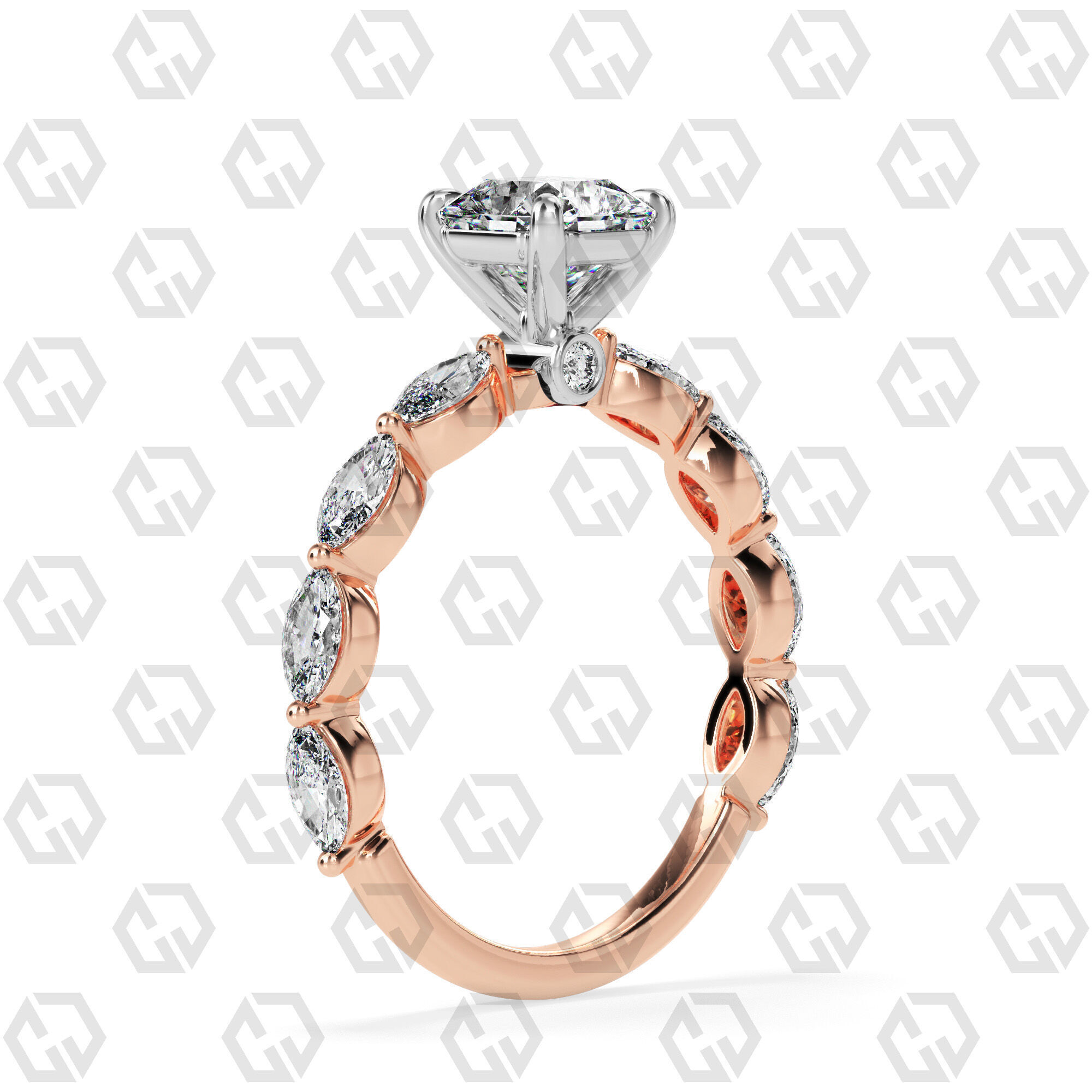 Ring 180 Radiant Shape marquise on shanks with Gems 3D print model_4