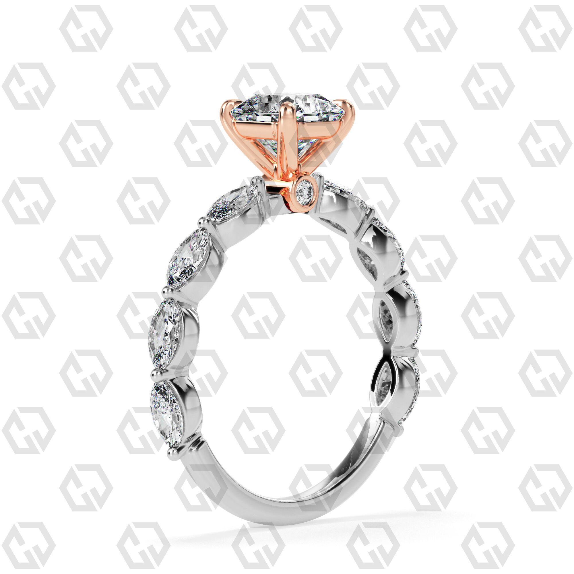 Ring 180 Radiant Shape marquise on shanks with Gems 3D print model_2