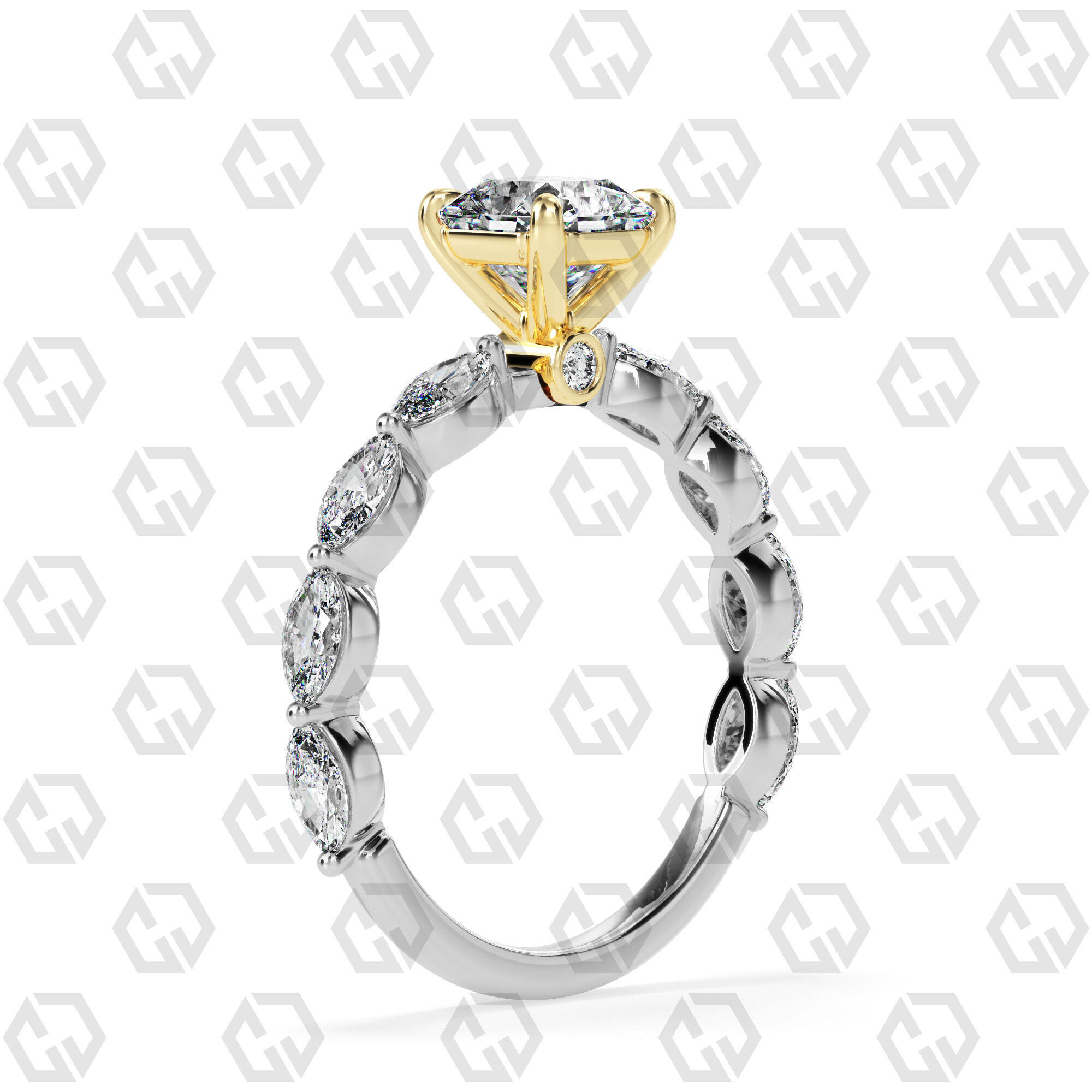 Ring 180 Radiant Shape marquise on shanks with Gems 3D print model_10