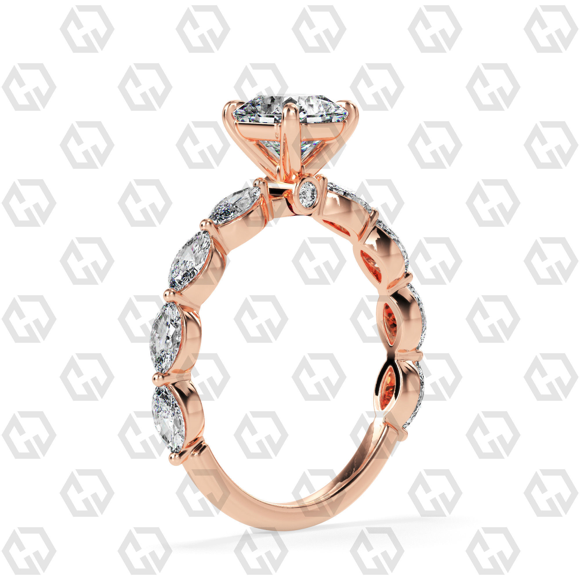 Ring 180 Radiant Shape marquise on shanks with Gems 3D print model_1