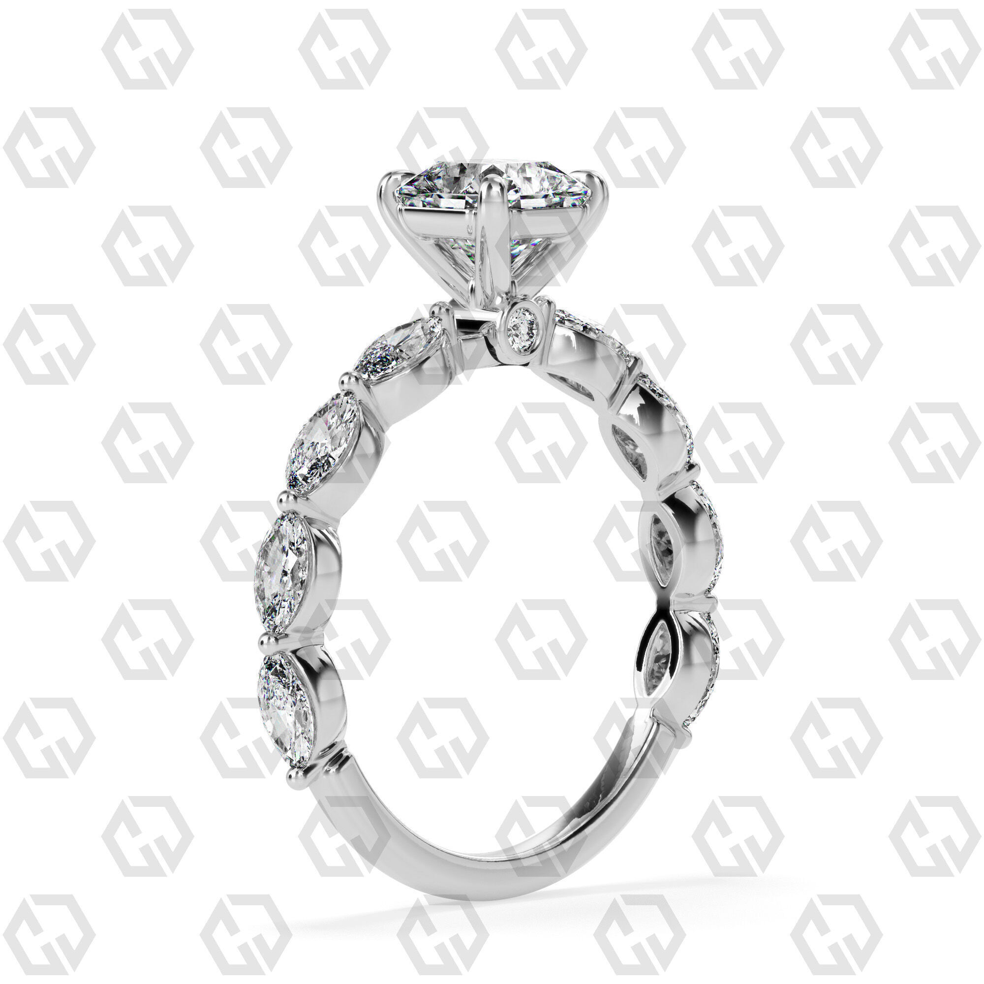 Ring 180 Radiant Shape marquise on shanks with Gems 3D print model_6