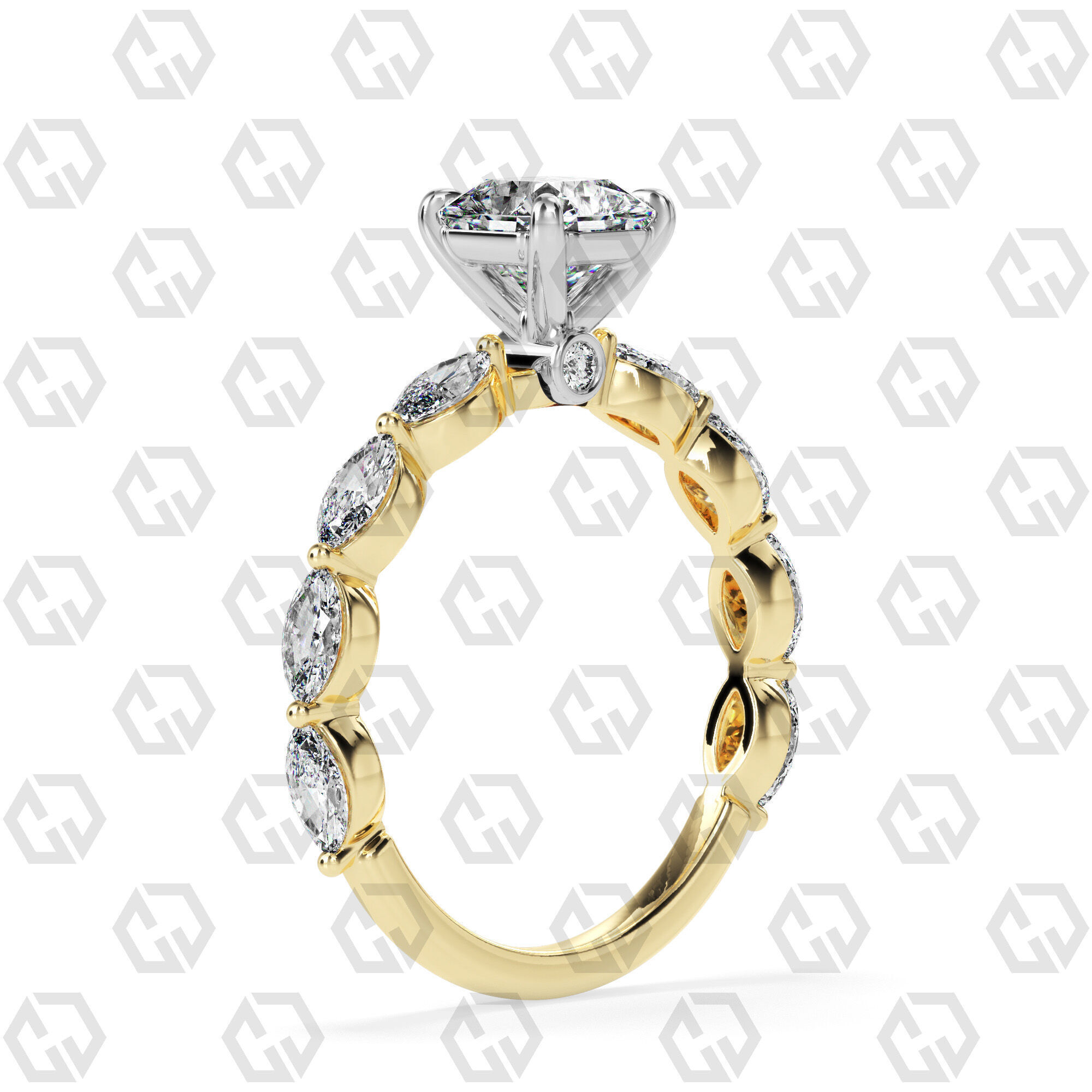 Ring 180 Radiant Shape marquise on shanks with Gems 3D print model_8