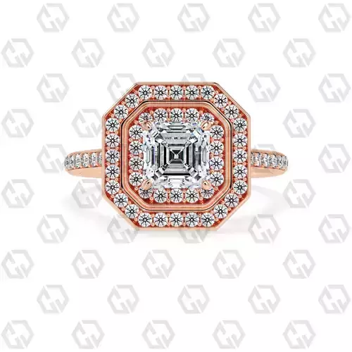 Ring 201 Asscher Shape Cathedral Double Halo pave set with Gems
