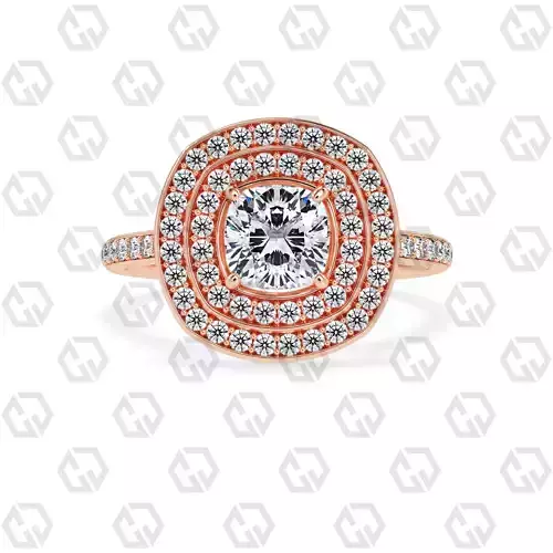Ring 202 Cushion Shape Cathedral Double Halo pave set with Gems
