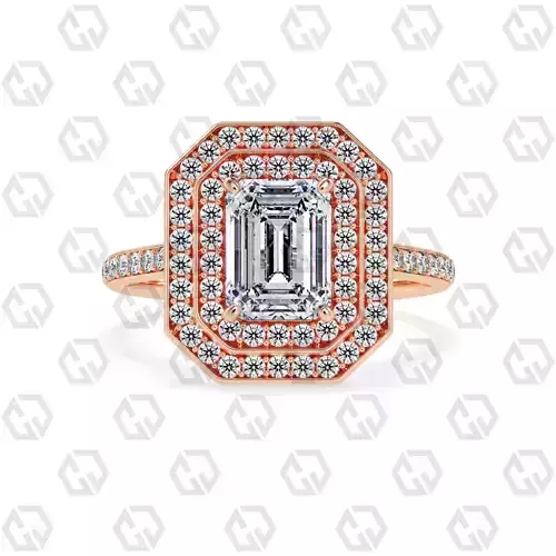 Ring 203 Emerald Shape Cathedral Double Halo pave set with Gems