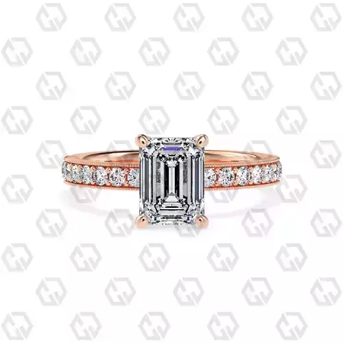 Ring 213 Emerald shape milgrain pave set with Gems