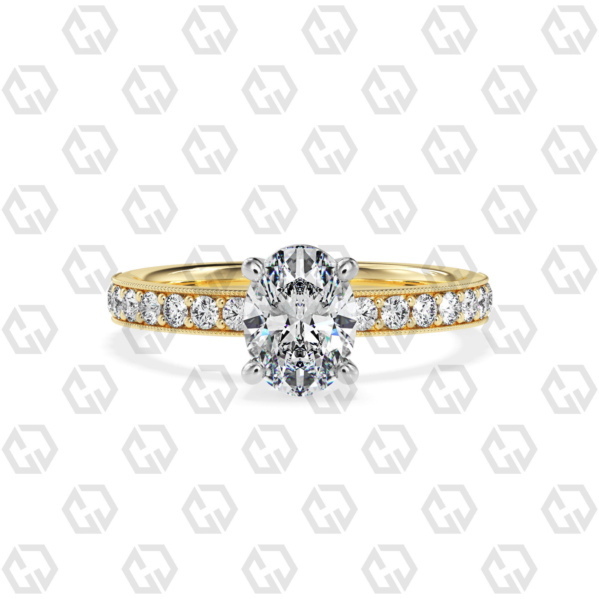 Ring 216 Oval shape milgrain pave set with Gems 3D print model_9