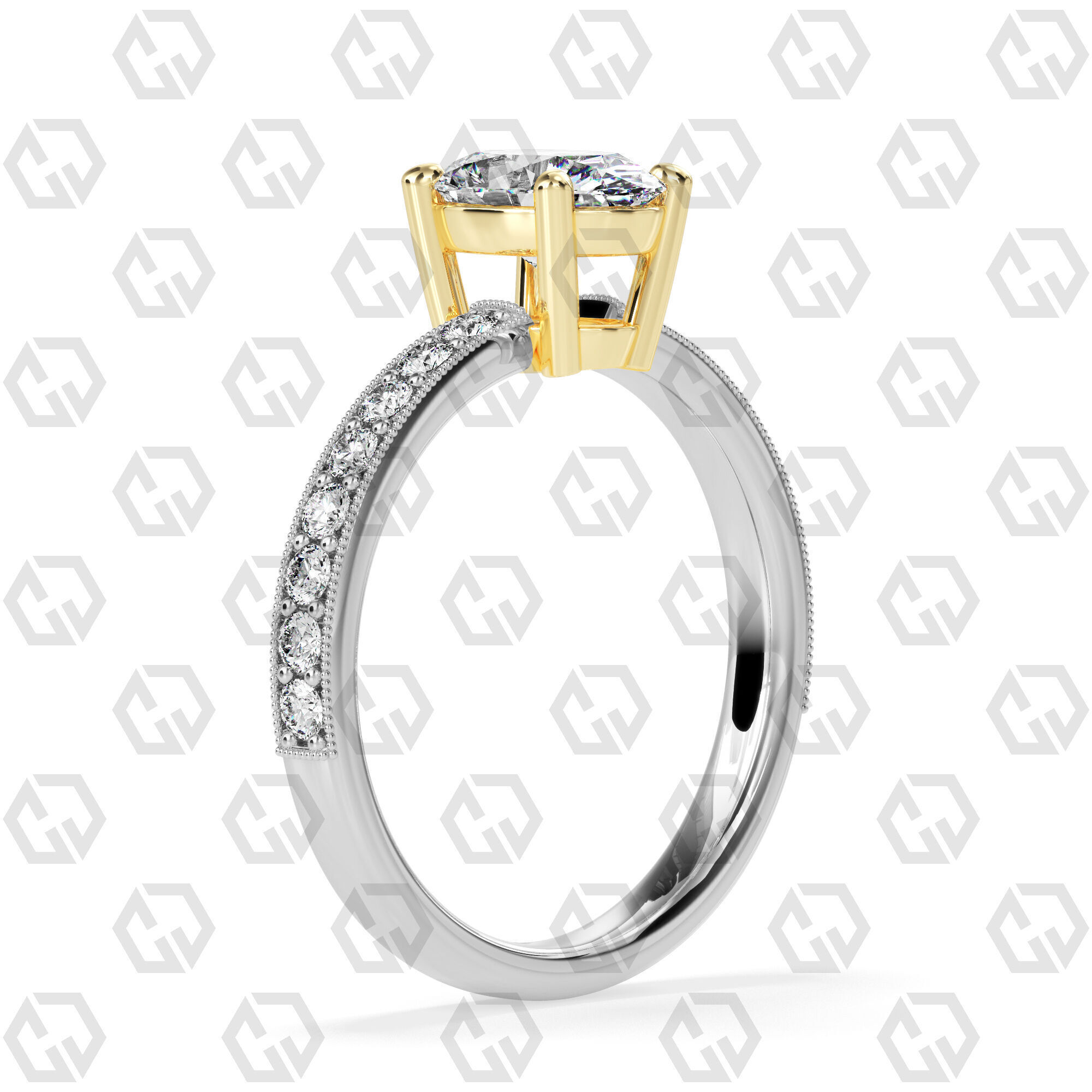 Ring 216 Oval shape milgrain pave set with Gems 3D print model_10