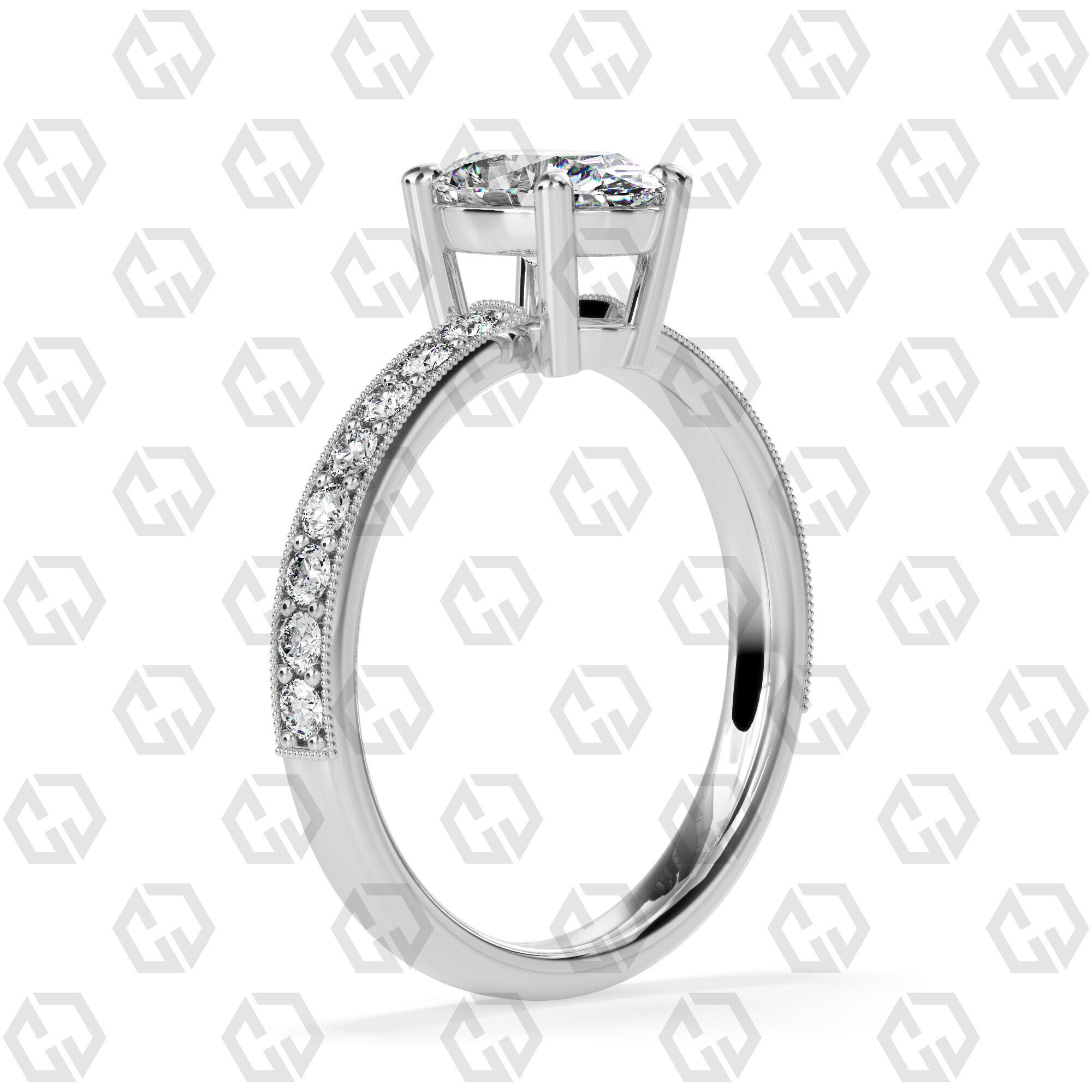 Ring 216 Oval shape milgrain pave set with Gems 3D print model_6