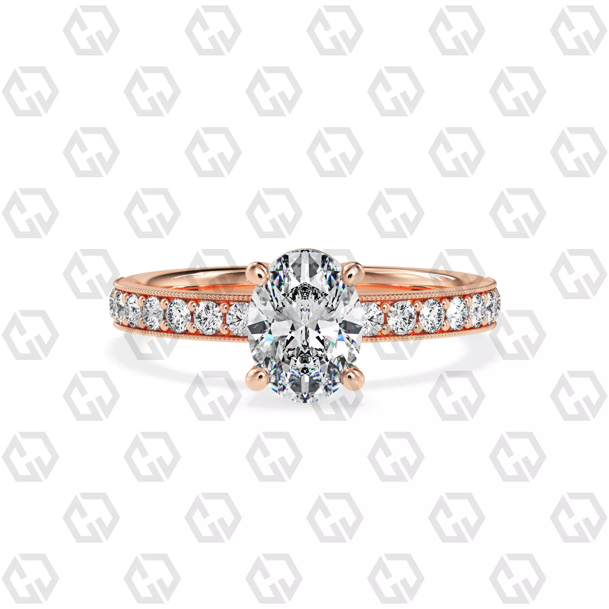 Ring 216 Oval shape milgrain pave set with Gems 3D print model_0