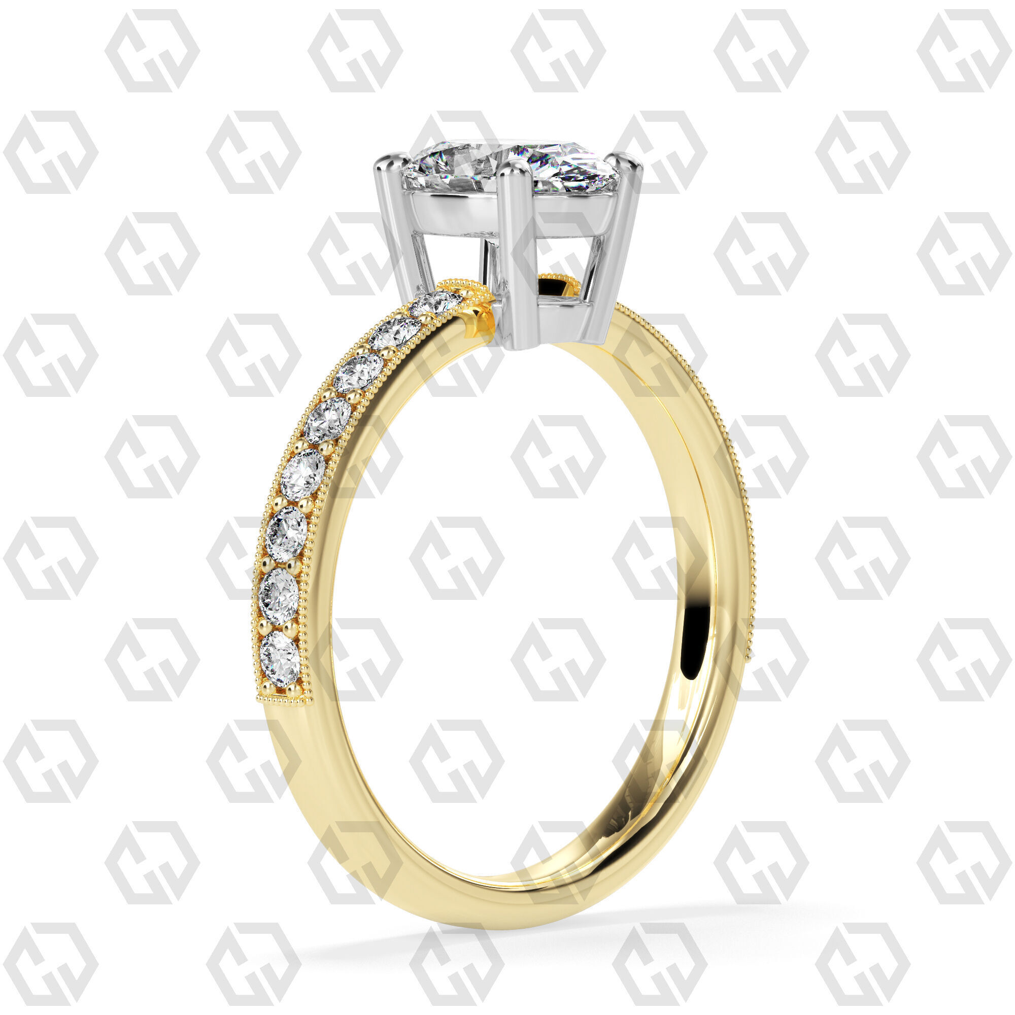 Ring 216 Oval shape milgrain pave set with Gems 3D print model_8