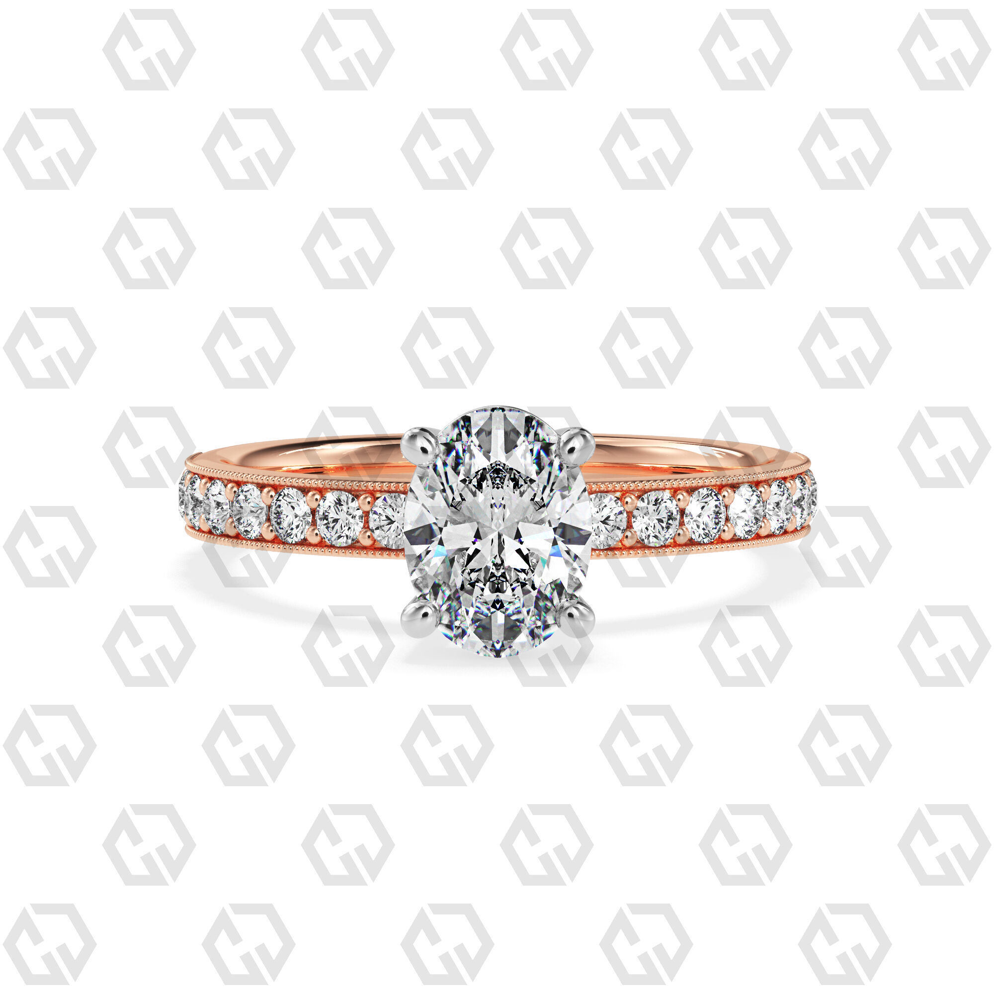 Ring 216 Oval shape milgrain pave set with Gems 3D print model_5