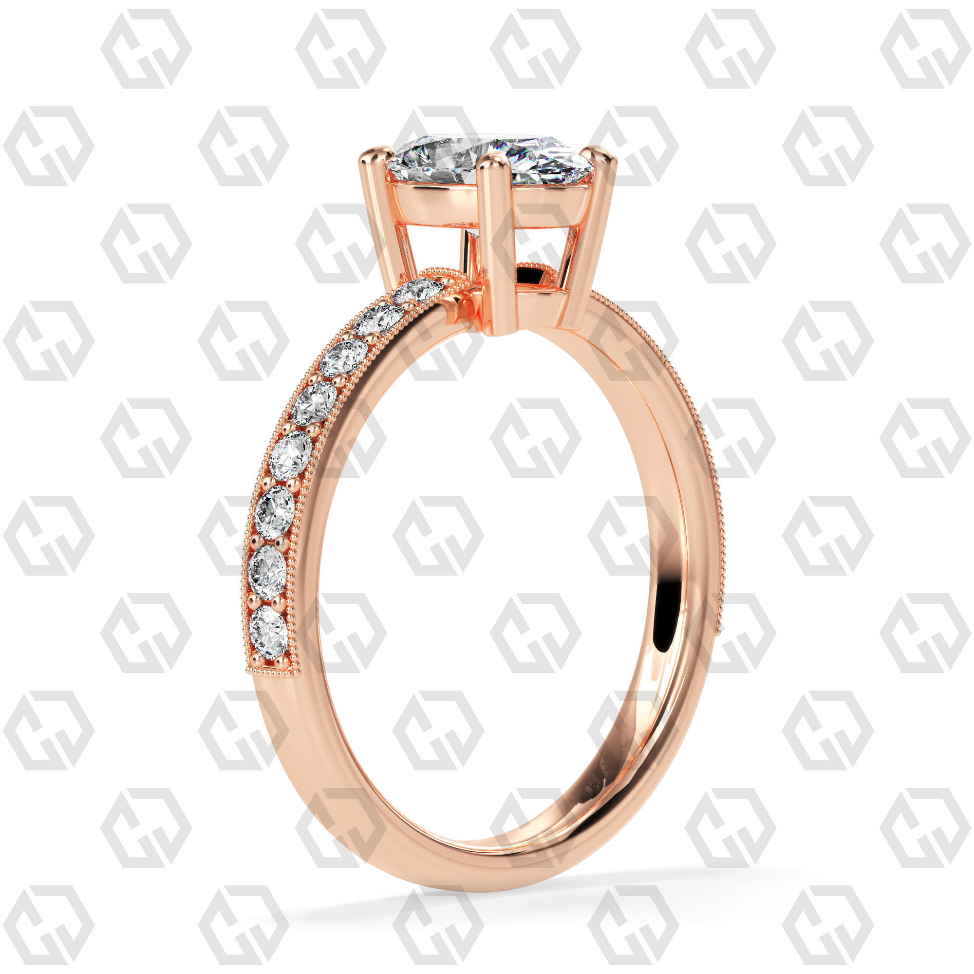 Ring 216 Oval shape milgrain pave set with Gems 3D print model_1
