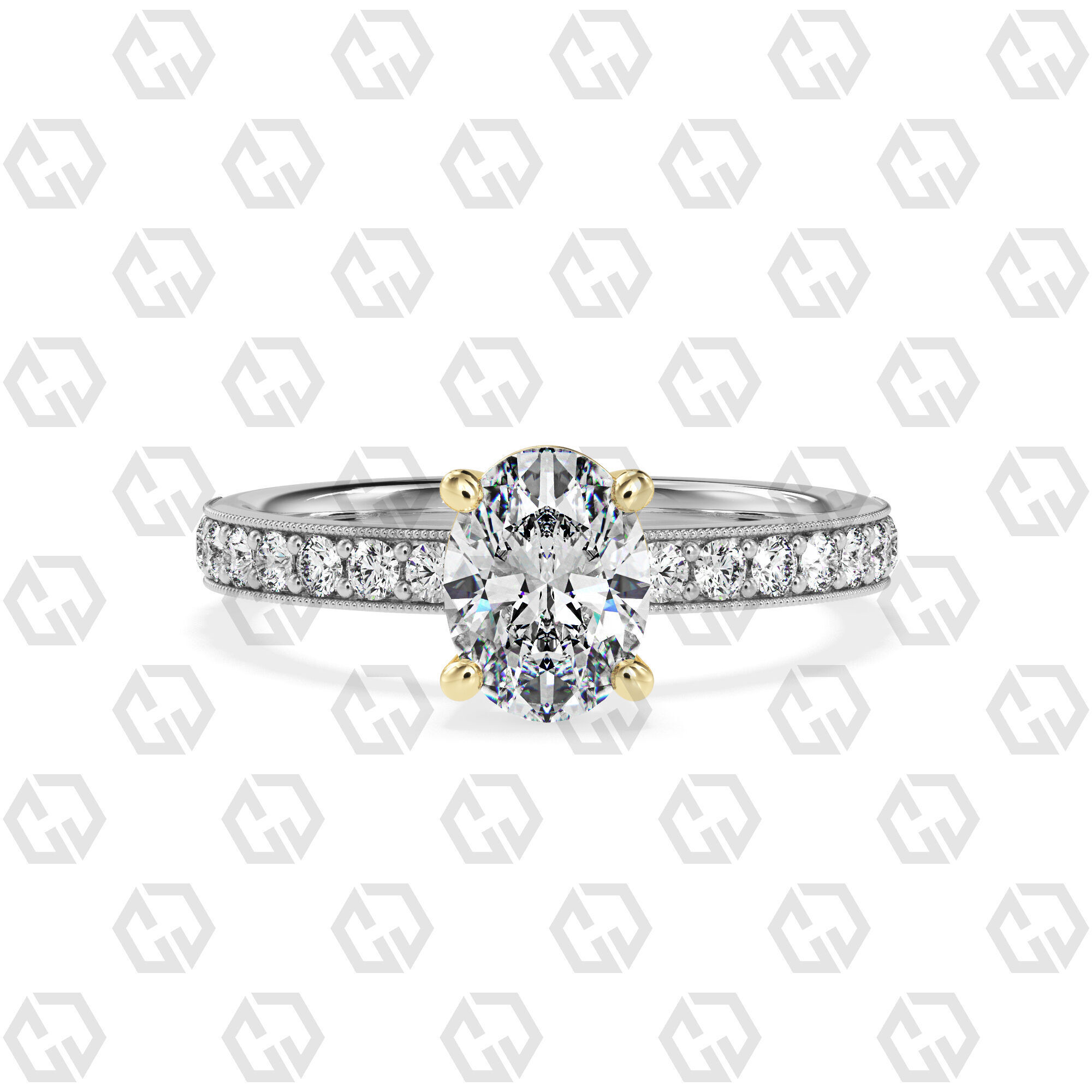 Ring 216 Oval shape milgrain pave set with Gems 3D print model_11