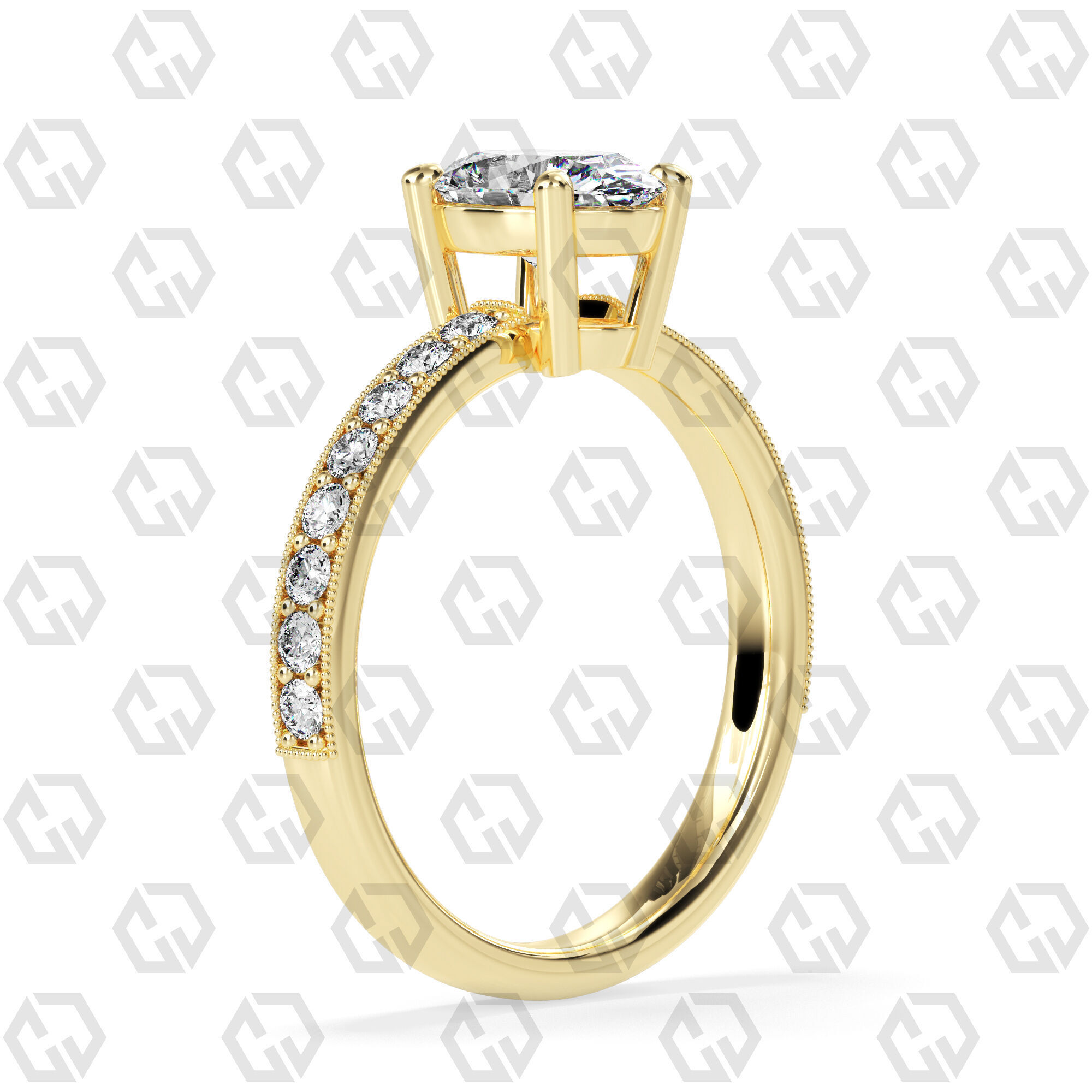 Ring 216 Oval shape milgrain pave set with Gems 3D print model_12