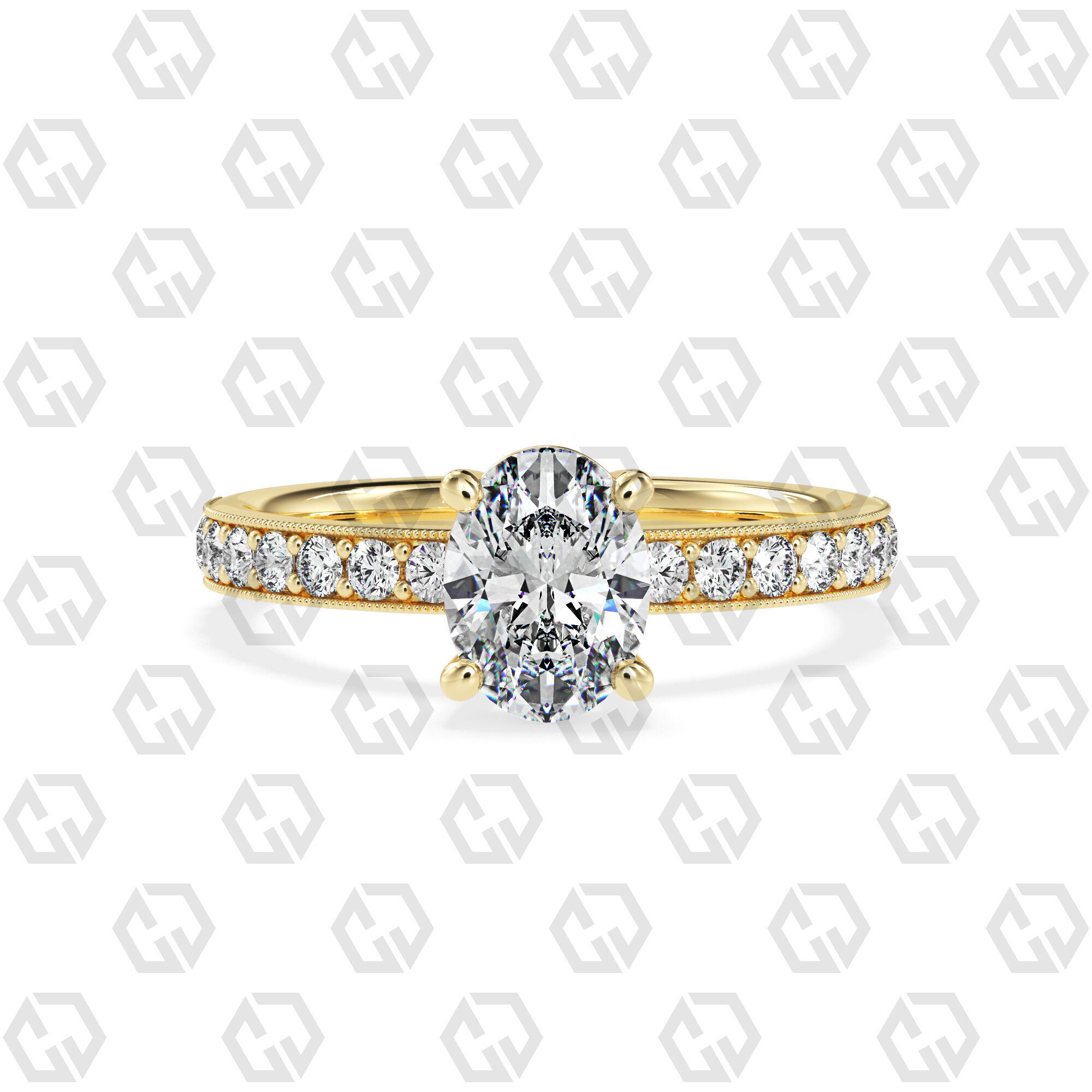 Ring 216 Oval shape milgrain pave set with Gems 3D print model_13