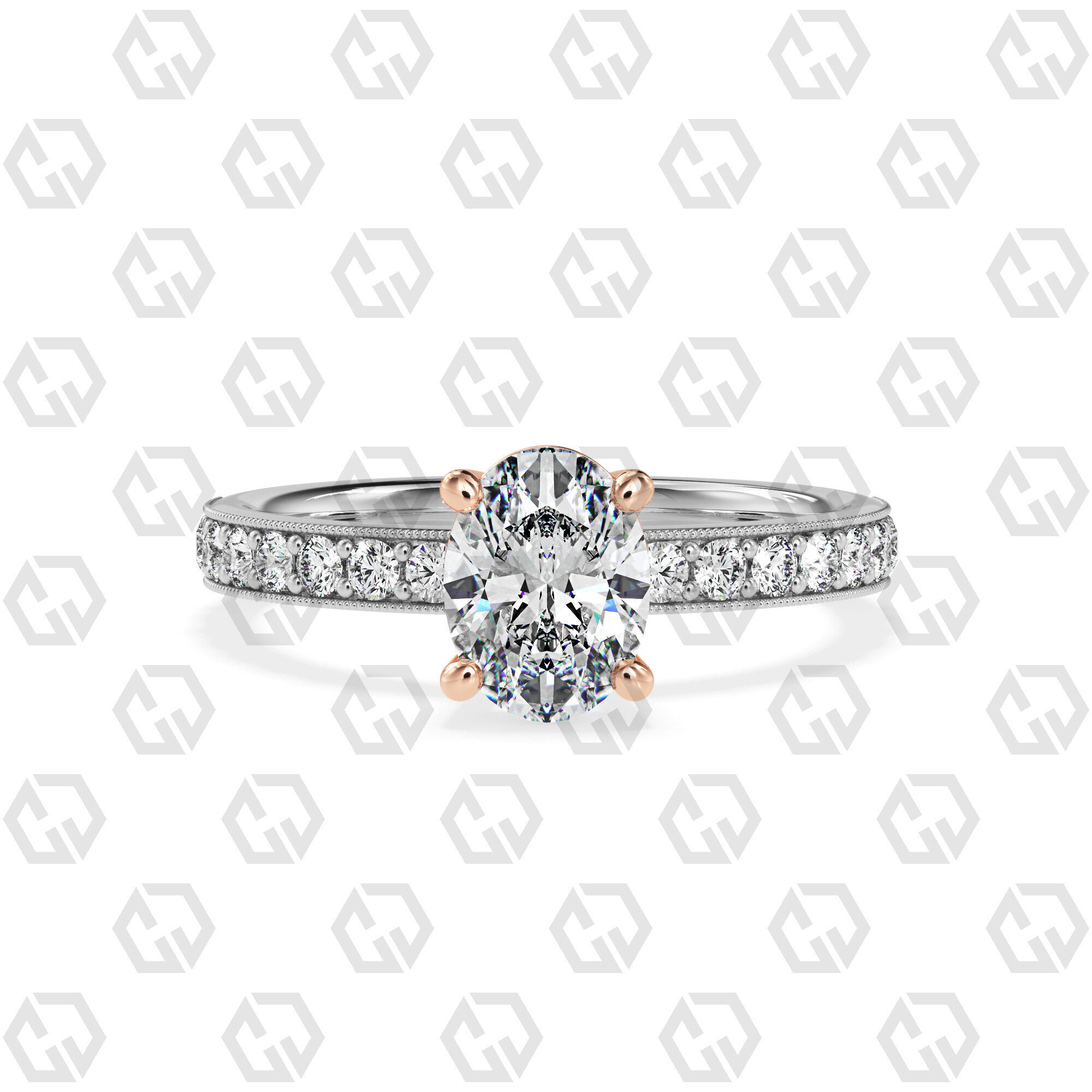 Ring 216 Oval shape milgrain pave set with Gems 3D print model_3