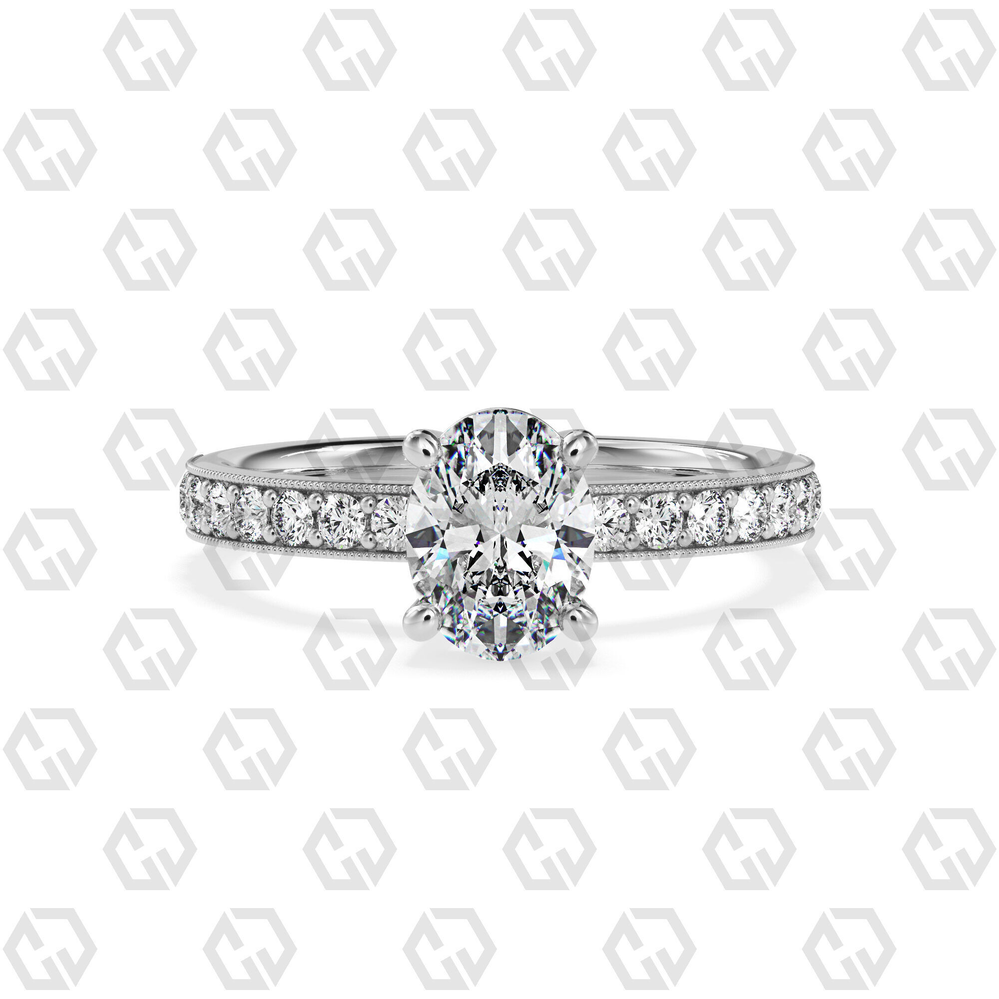 Ring 216 Oval shape milgrain pave set with Gems 3D print model_7